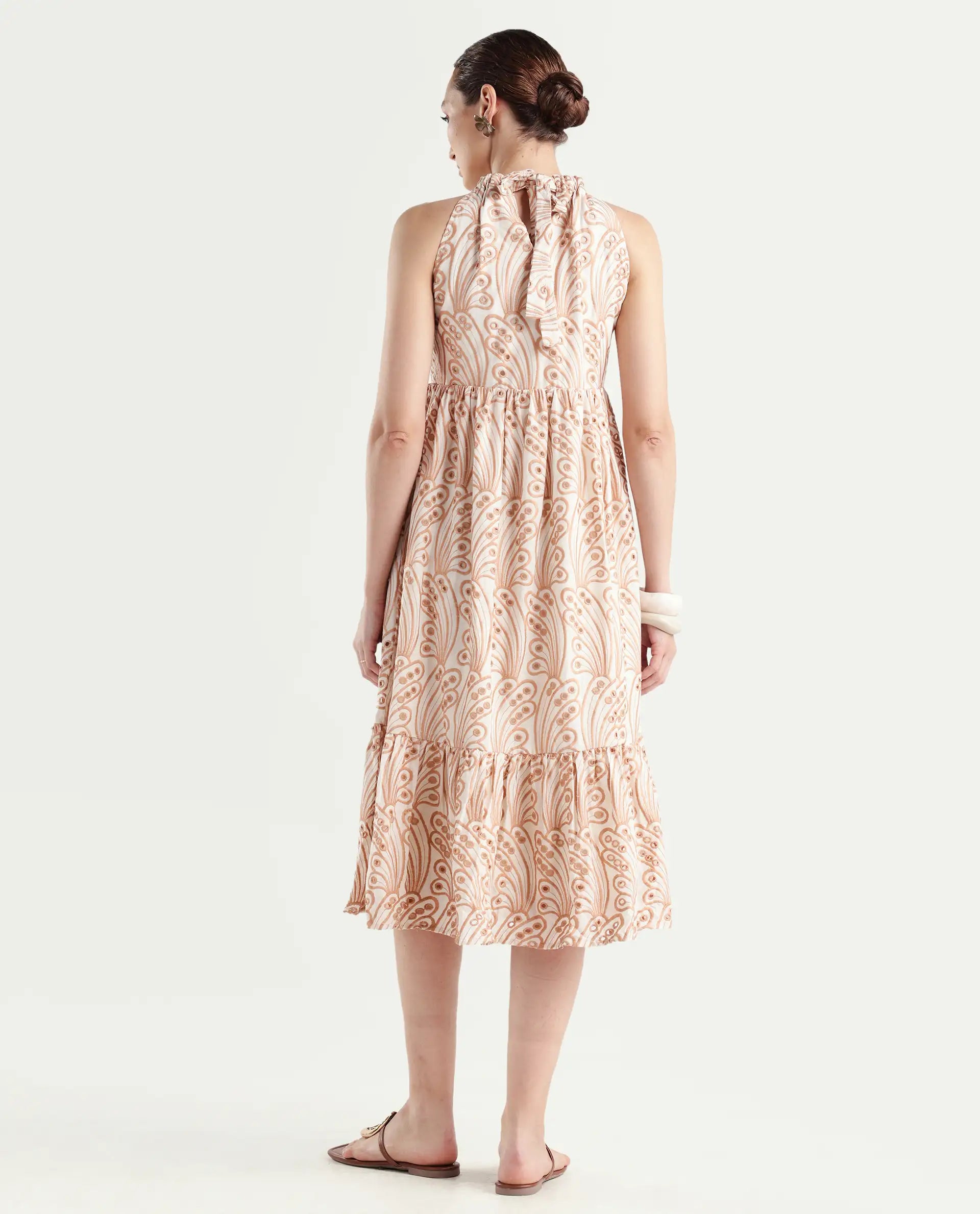 Rareism Women's Chalco Beige Cotton Blend Halter Neck Schiffli Sleeveless Maxi Fit And Flare Dress