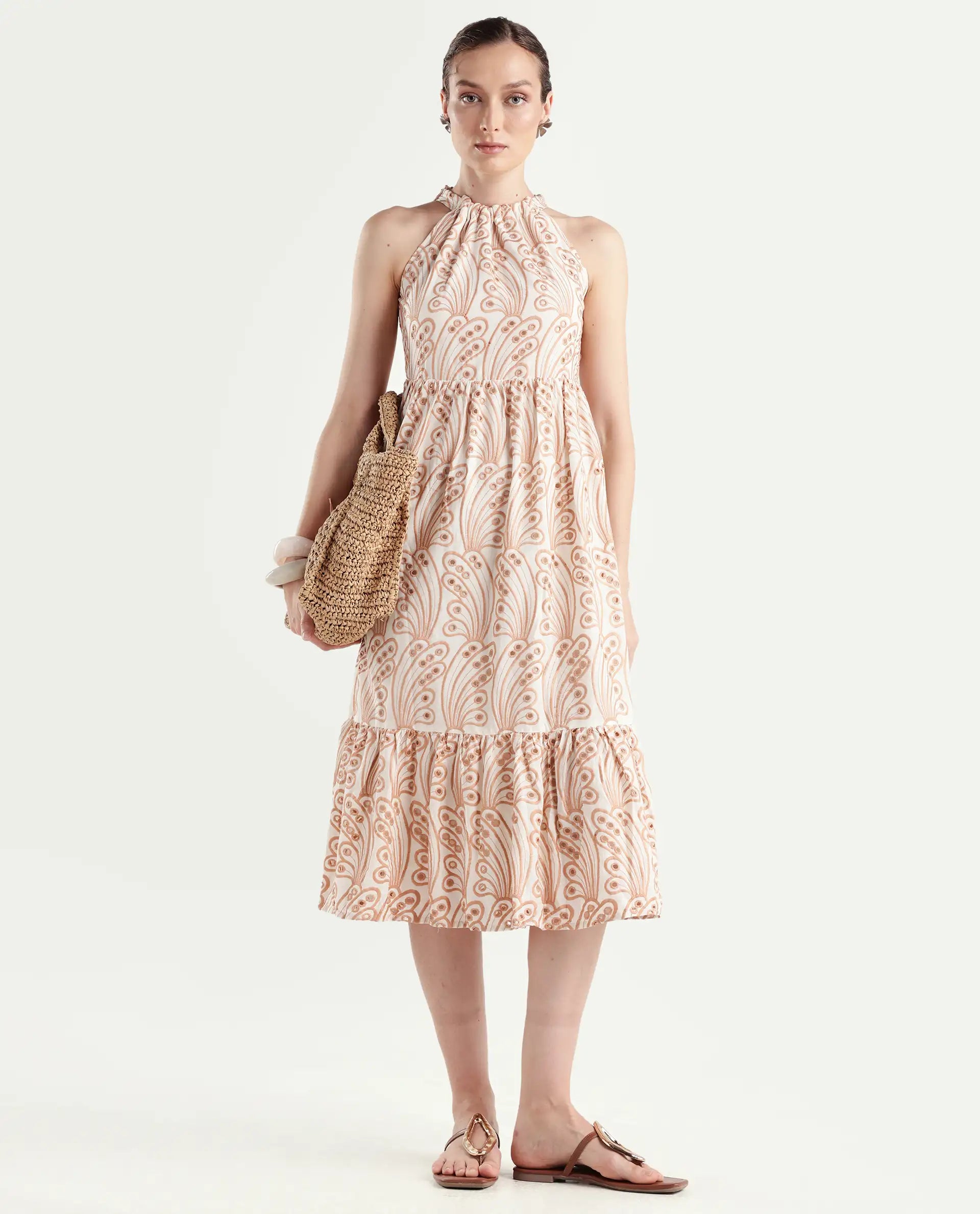 Rareism Women's Chalco Beige Cotton Blend Halter Neck Schiffli Sleeveless Maxi Fit And Flare Dress