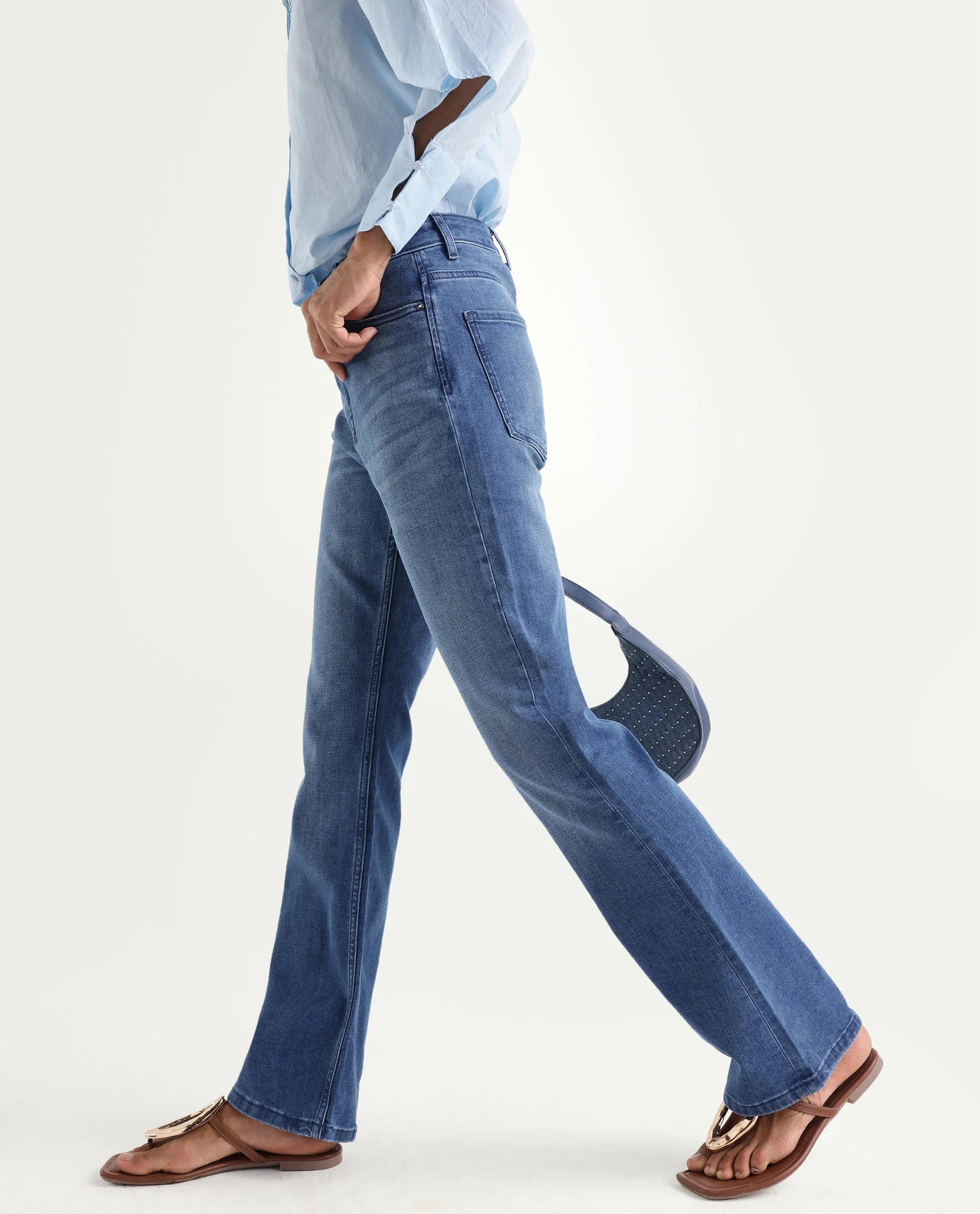 Rareism Women's Hadley Light Blue Cotton Blend Plain Ankle Length Bootcut Jeans