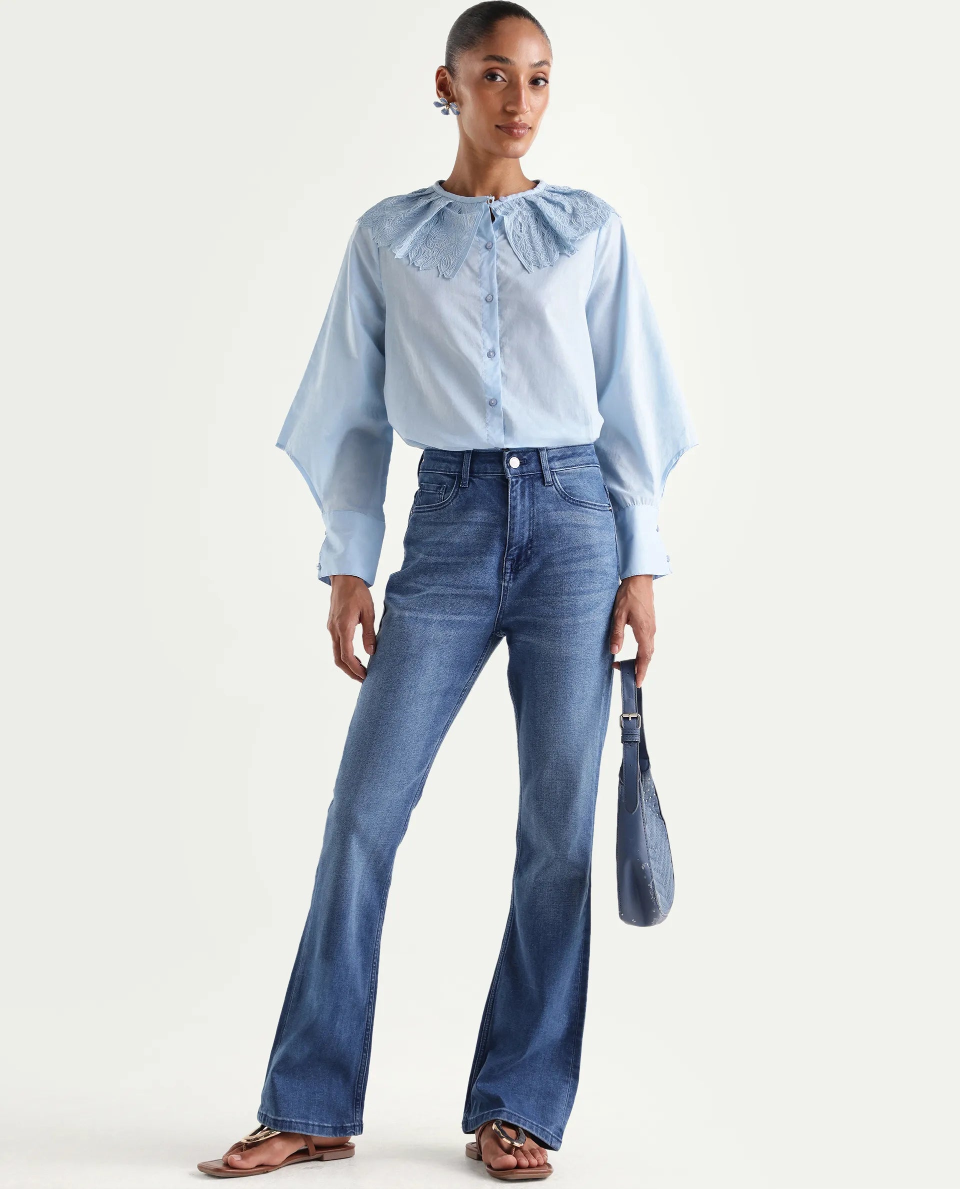 Rareism Women's Hadley Light Blue Cotton Blend Plain Ankle Length Bootcut Jeans