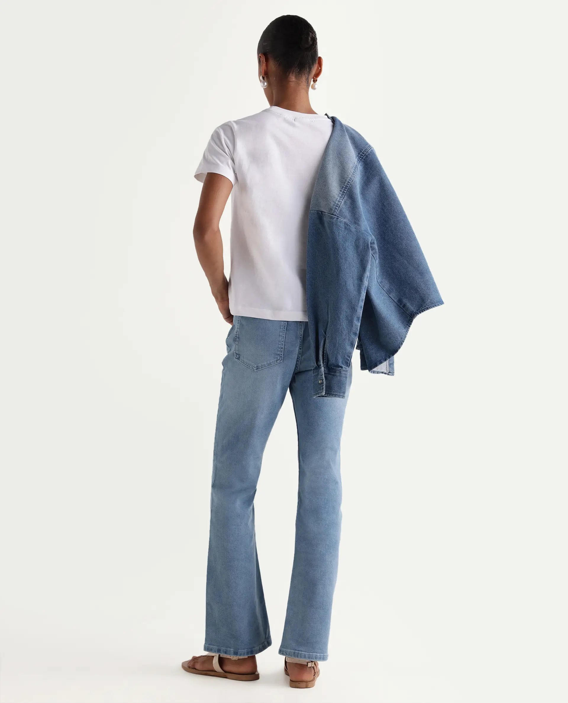 Rareism Women's Hadley Pastel Blue Cotton Blend Plain Ankle Length Bootcut Jeans