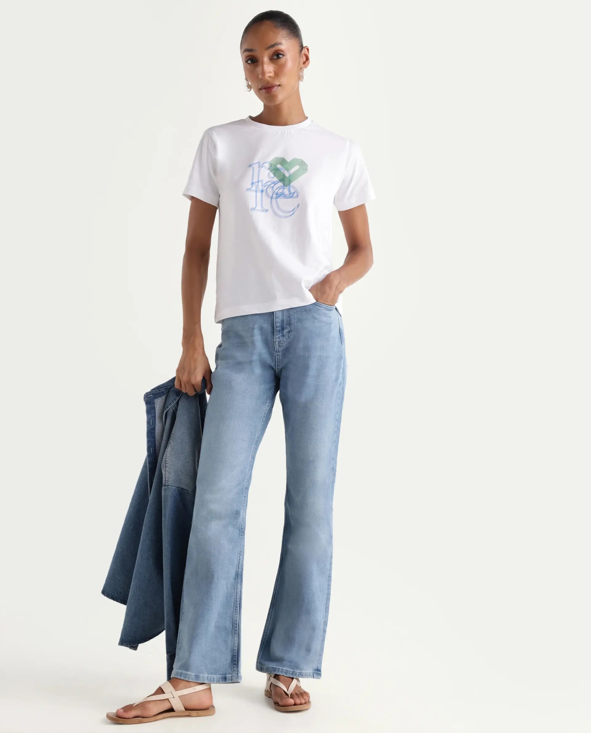 Rareism Women's Hadley Pastel Blue Cotton Blend Plain Ankle Length Bootcut Jeans