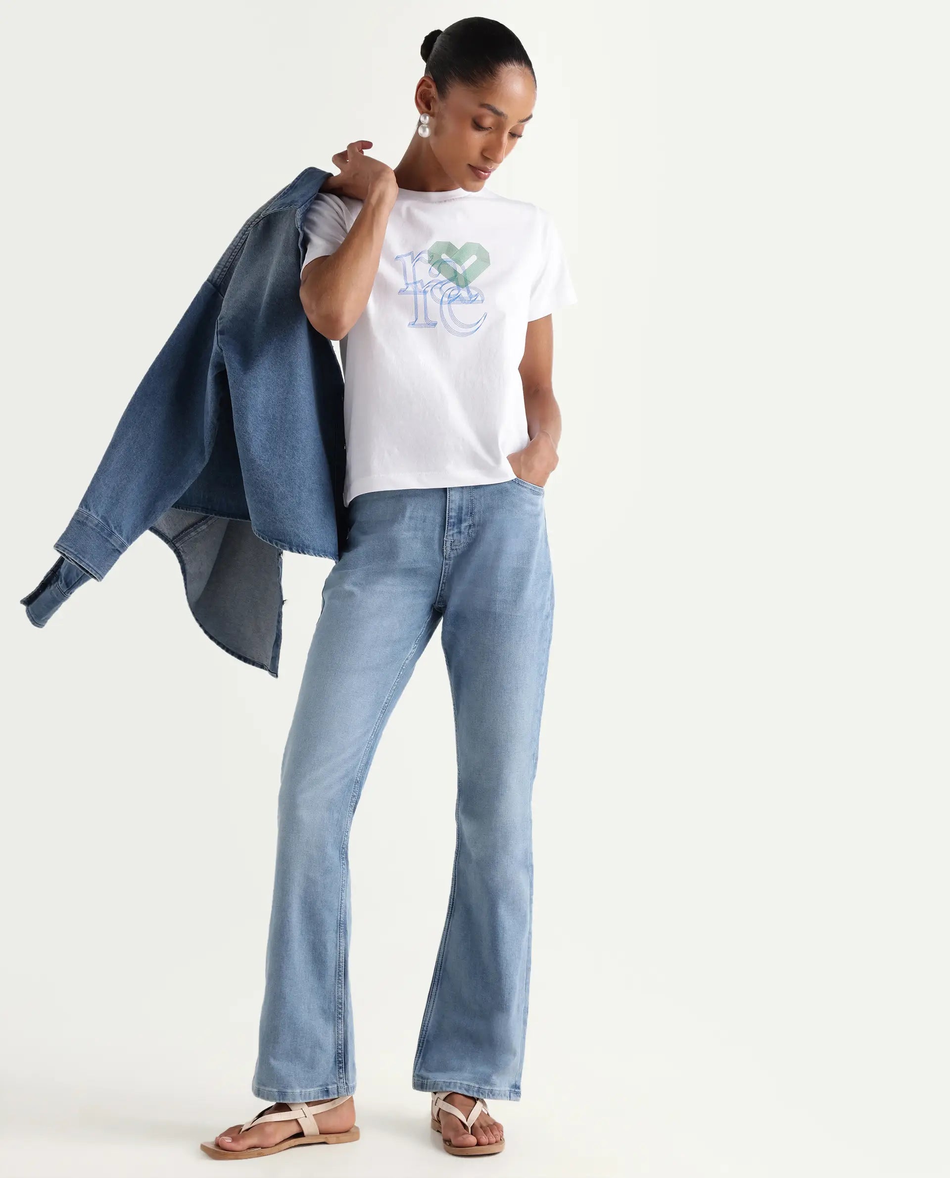 Rareism Women's Hadley Pastel Blue Cotton Blend Plain Ankle Length Bootcut Jeans