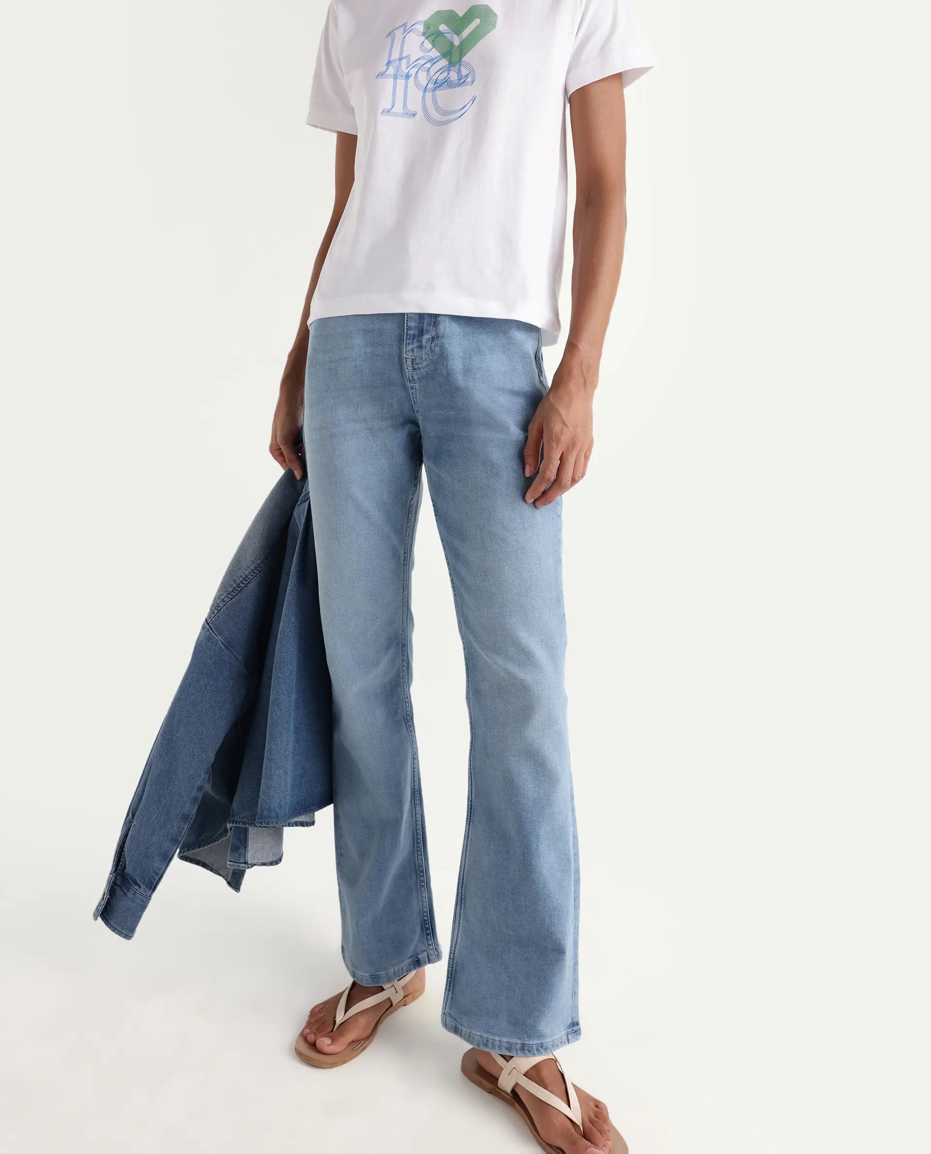 Rareism Women's Hadley Pastel Blue Cotton Blend Plain Ankle Length Bootcut Jeans