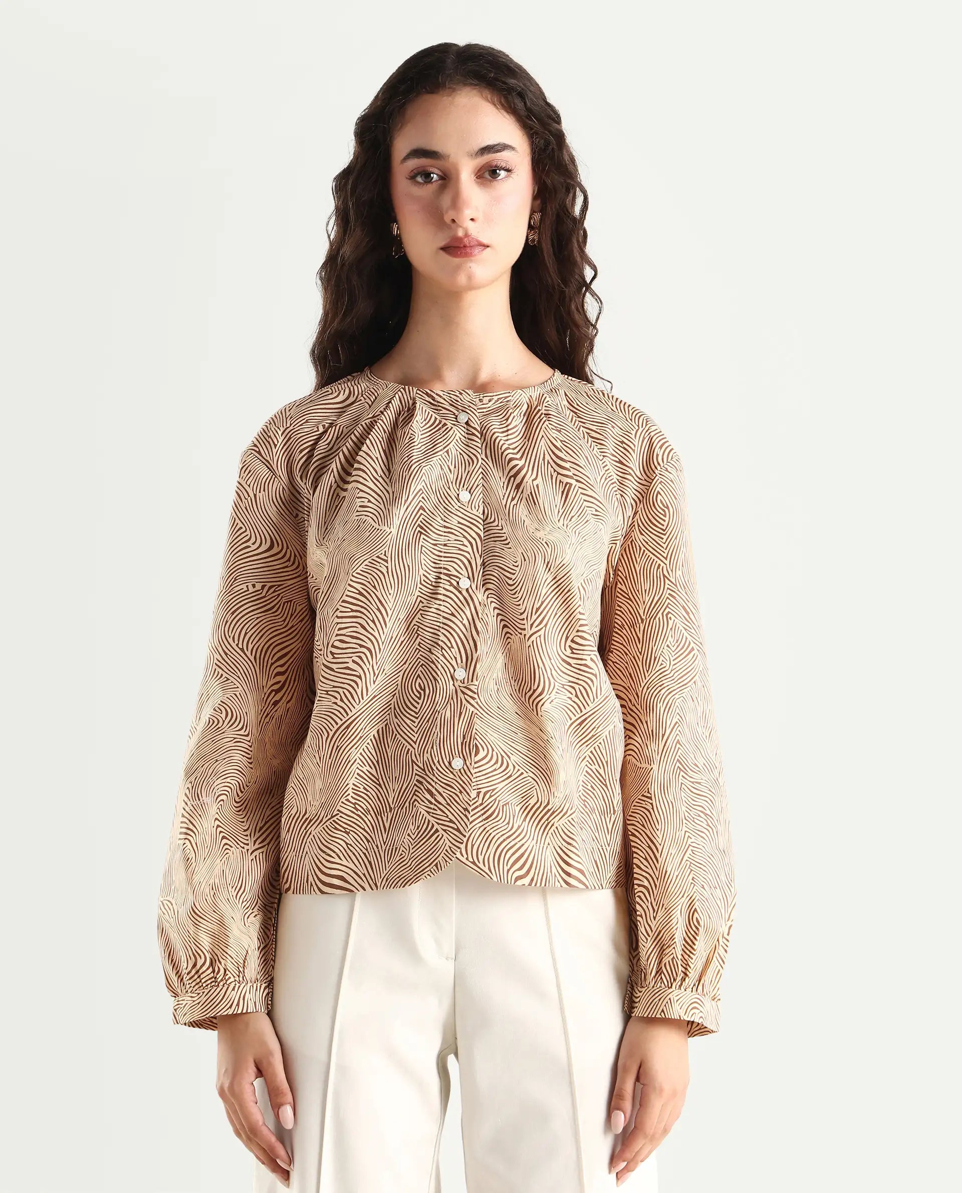 Rareism Women's Jaylone Sc Beige Cotton Crew Neck Geometric Print Cuffed Sleeve Regular Fit Top