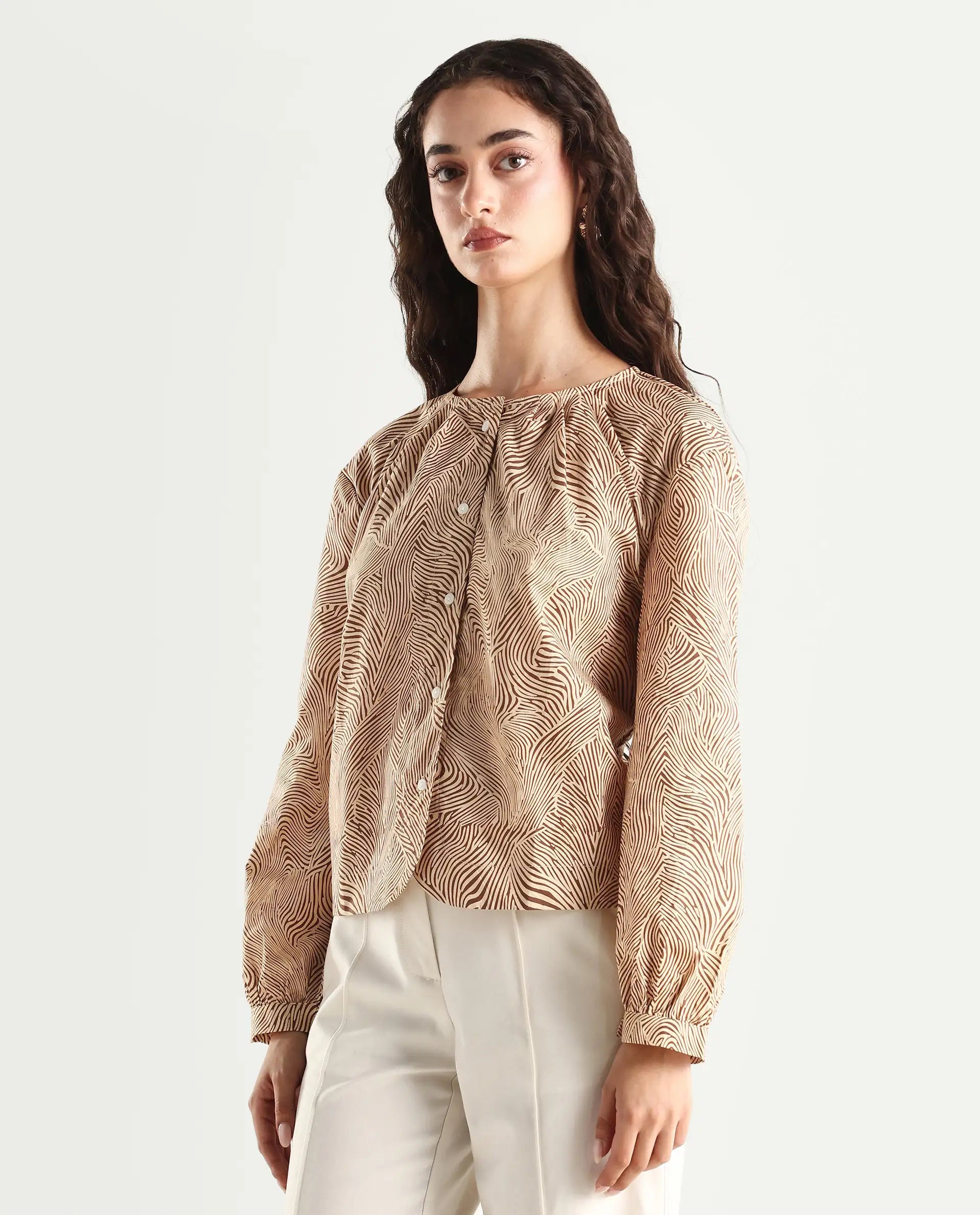 Rareism Women's Jaylone Sc Beige Cotton Crew Neck Geometric Print Cuffed Sleeve Regular Fit Top