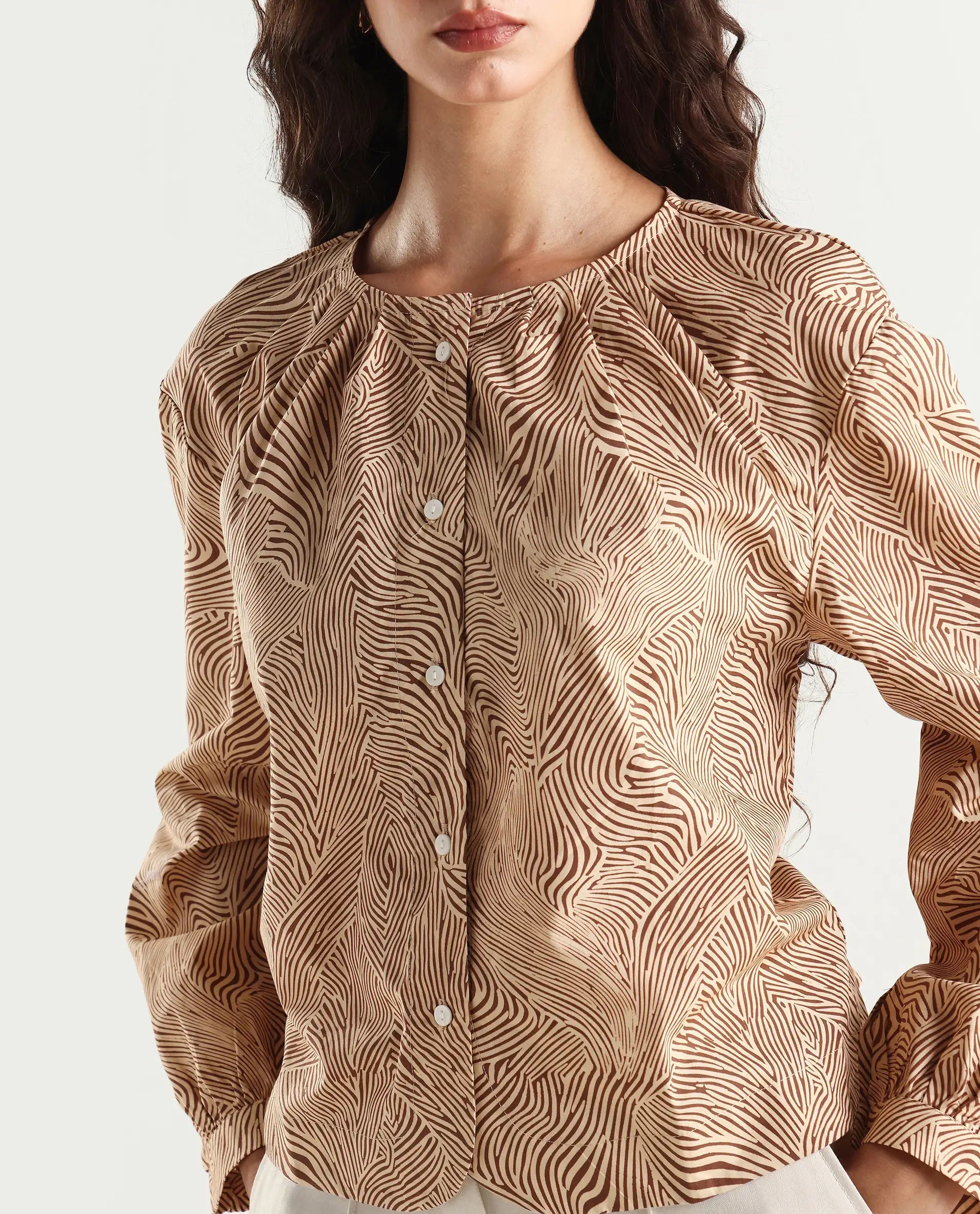 Rareism Women's Jaylone Sc Beige Cotton Crew Neck Geometric Print Cuffed Sleeve Regular Fit Top