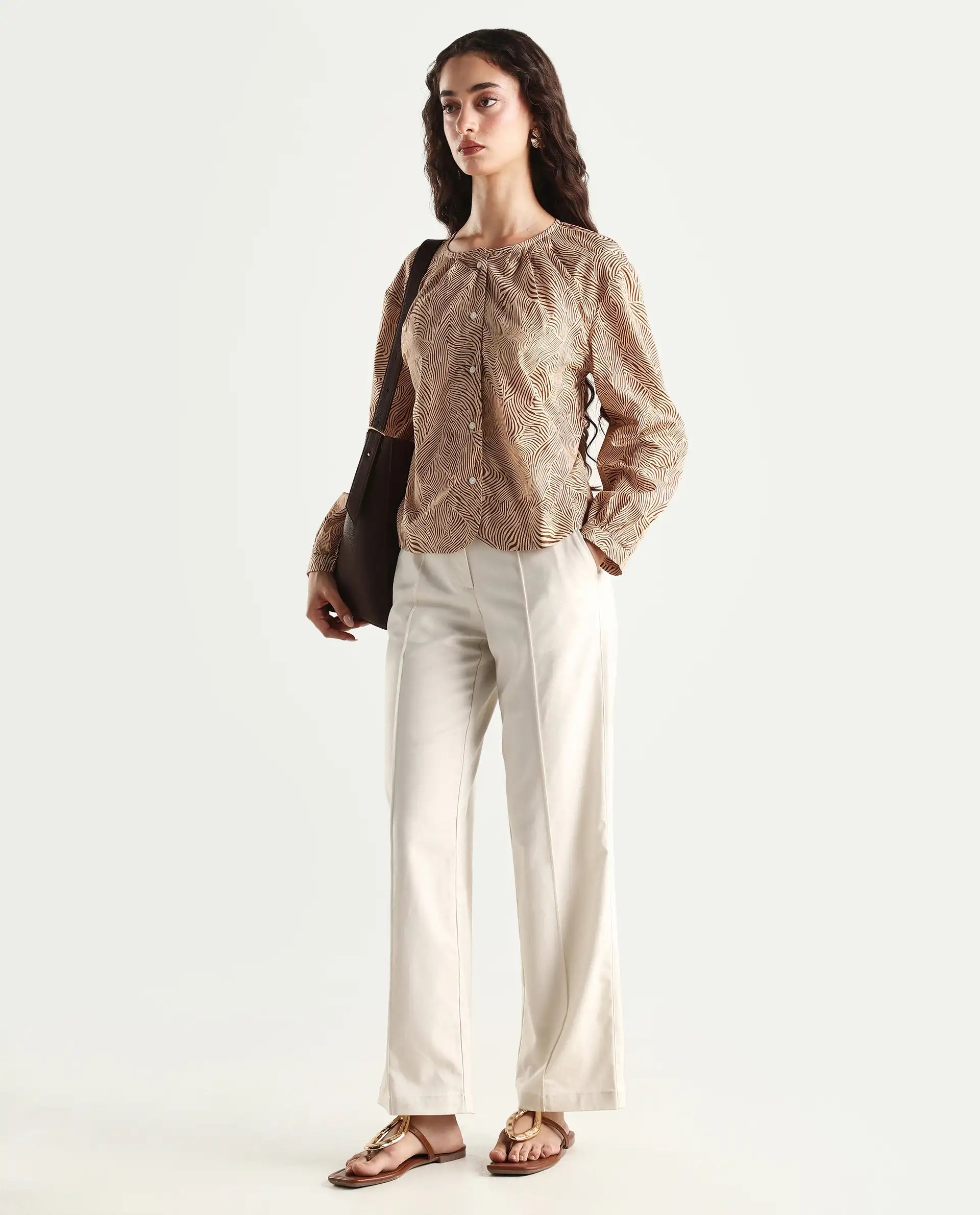 Rareism Women's Jaylone Sc Beige Cotton Crew Neck Geometric Print Cuffed Sleeve Regular Fit Top