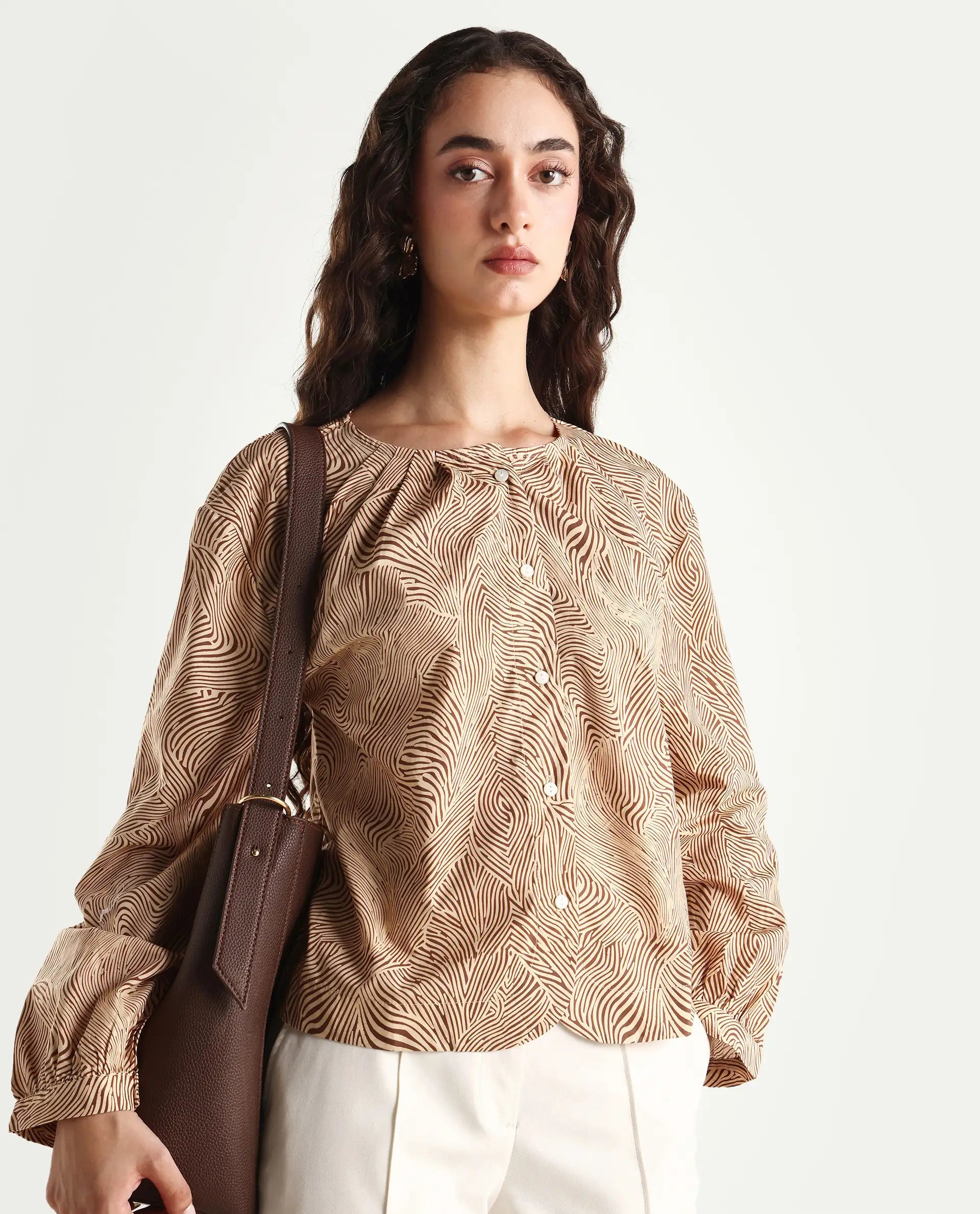 Rareism Women's Jaylone Sc Beige Cotton Crew Neck Geometric Print Cuffed Sleeve Regular Fit Top