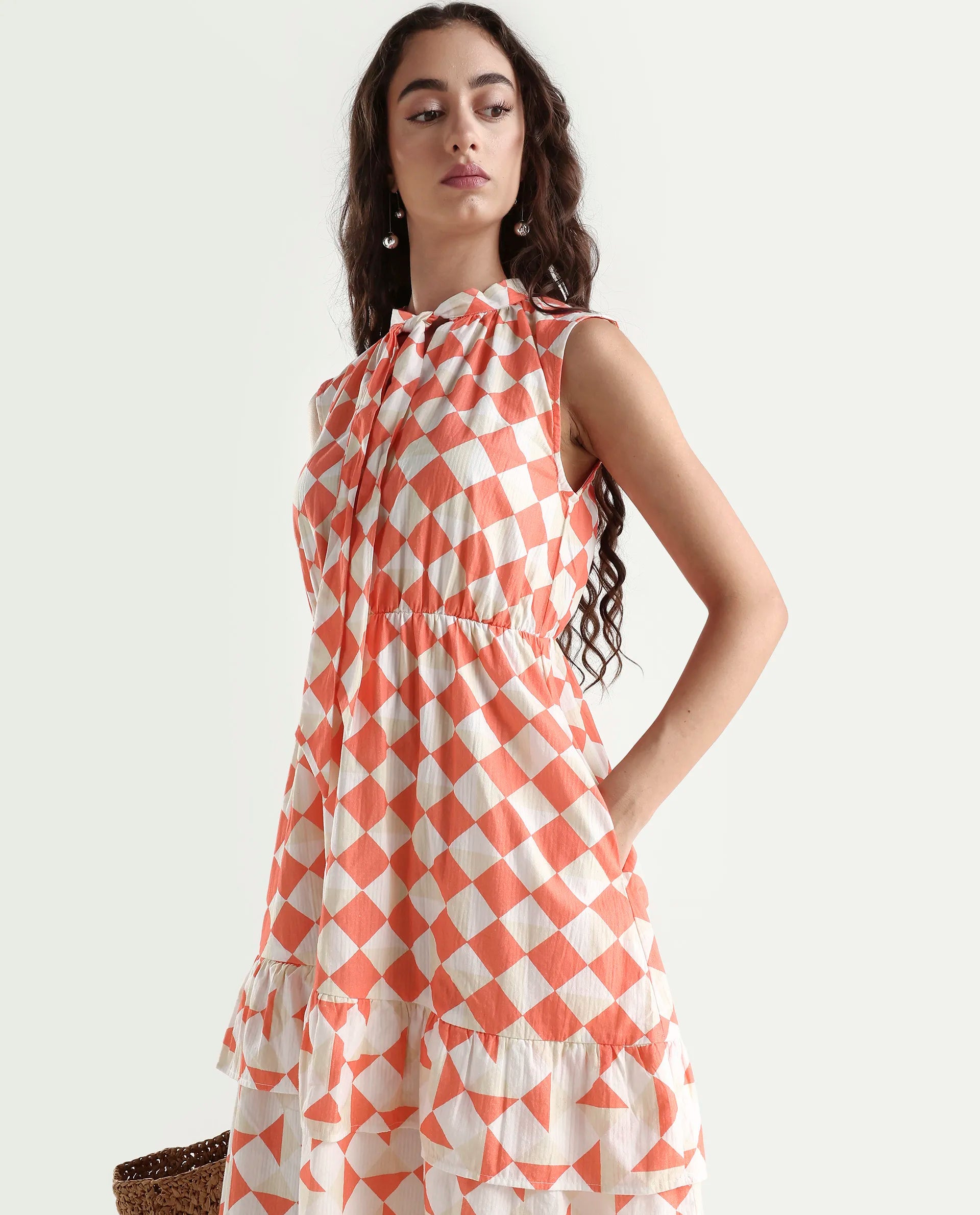 Rareism Women's Juite Sc Multi Satin Tie-Up Neck Geometric Print Sleeveless Knee Length Fit And Flare Dress