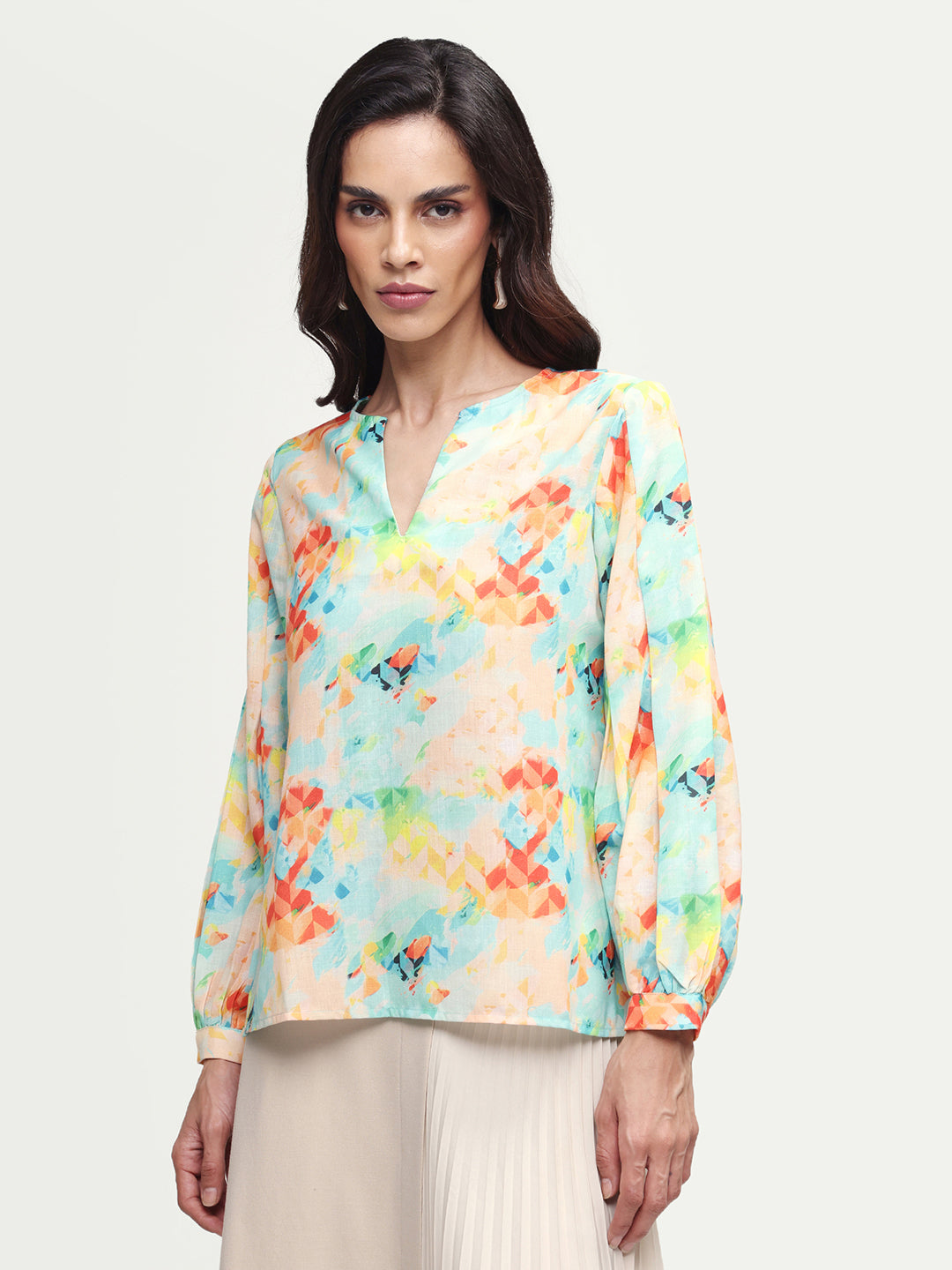 Rareism Women's Deimos Flouroscent Multi Polyester Blend V-Neck Geometric Print Bishop Sleeve Regular Fit Top