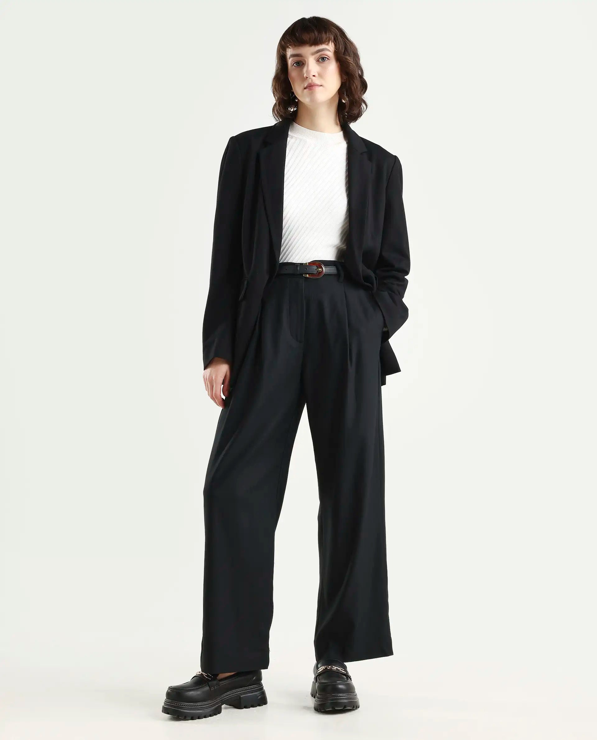Rareism Women's Nuray Black Cotton Blend Plain Ankle Length Straight Fit Trouser