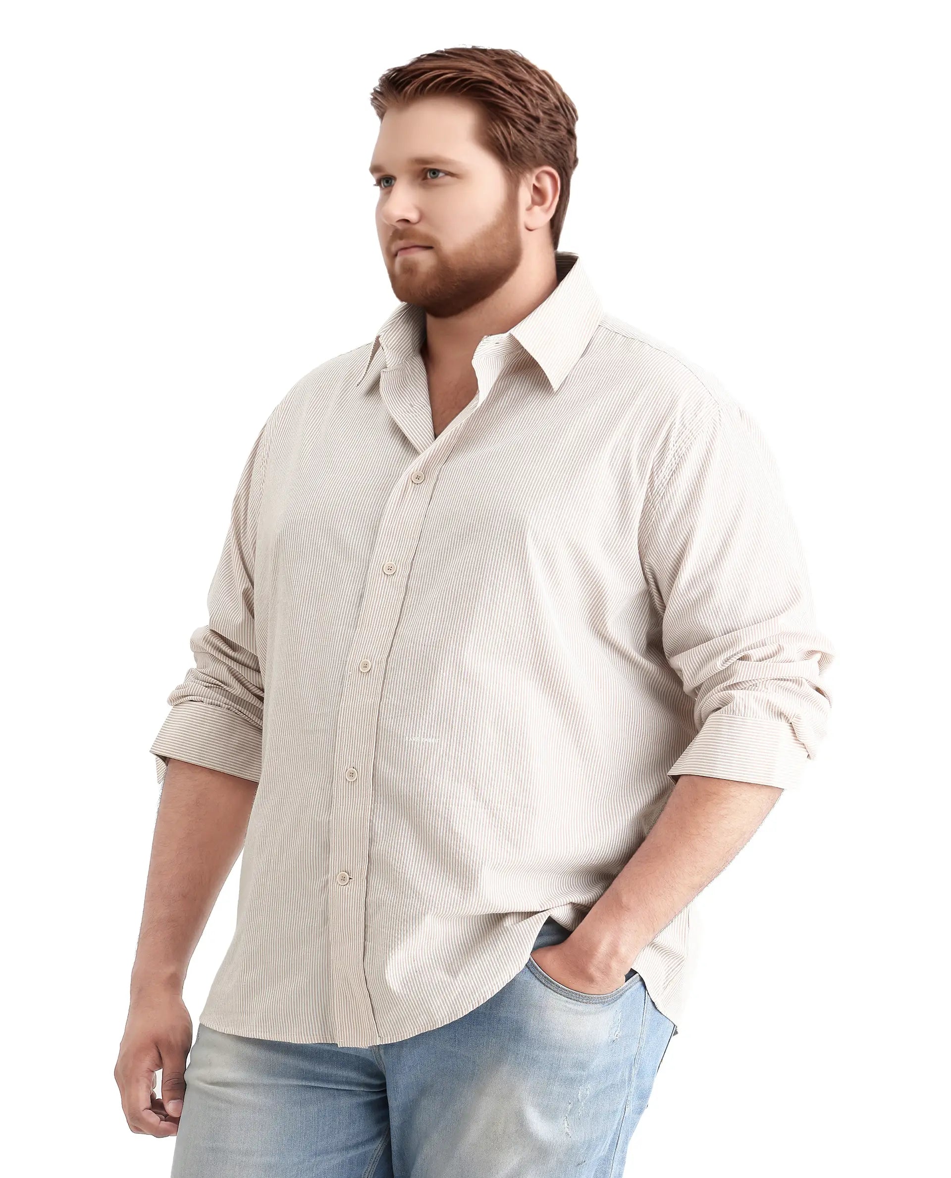 Rare Rabbit Men's Pluf Big Beige Cotton Blend Fabric Full Sleeve Spread Collar Button Closure Regular Fit Striped Shirt