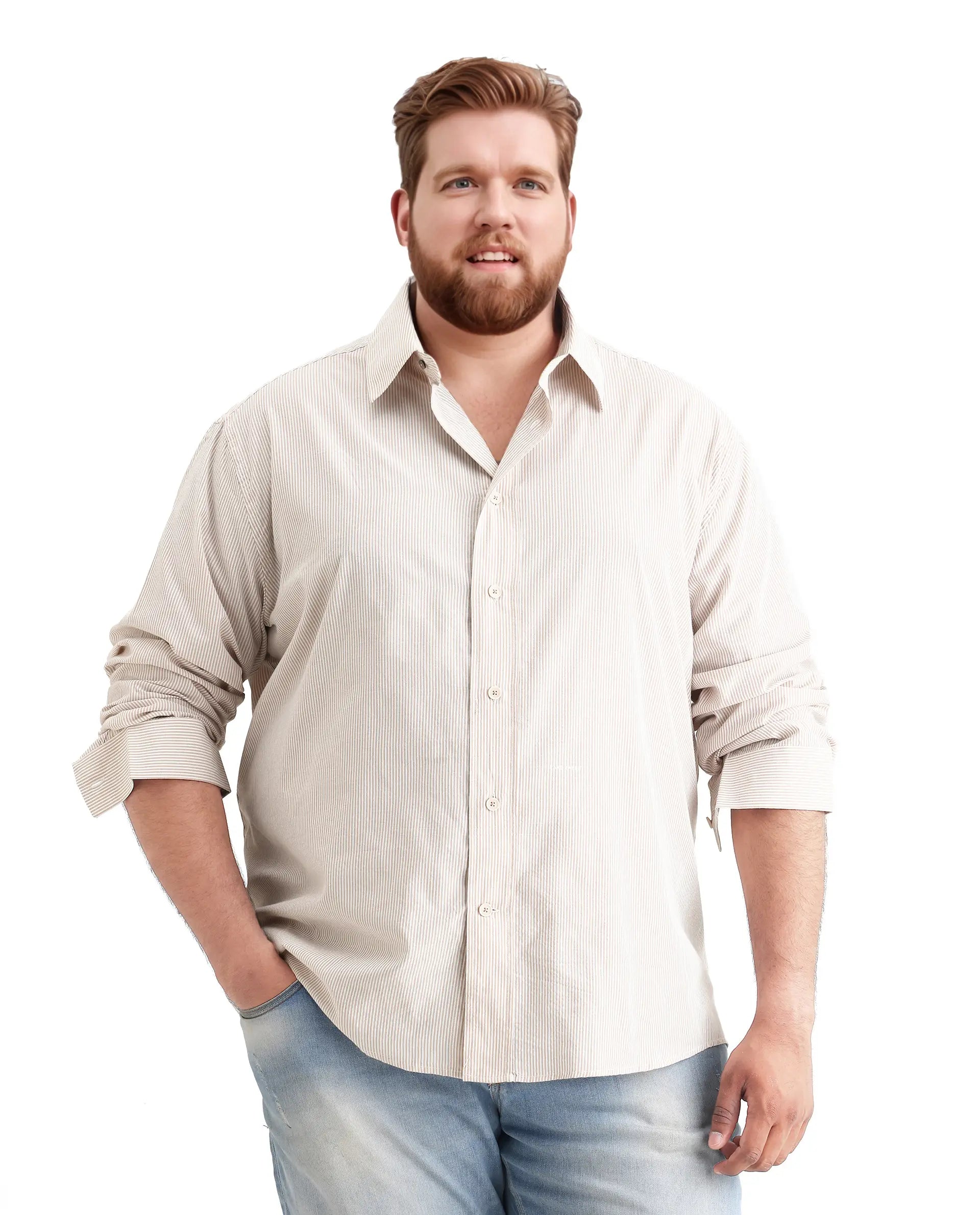 Rare Rabbit Men's Pluf Big Beige Cotton Blend Fabric Full Sleeve Spread Collar Button Closure Regular Fit Striped Shirt