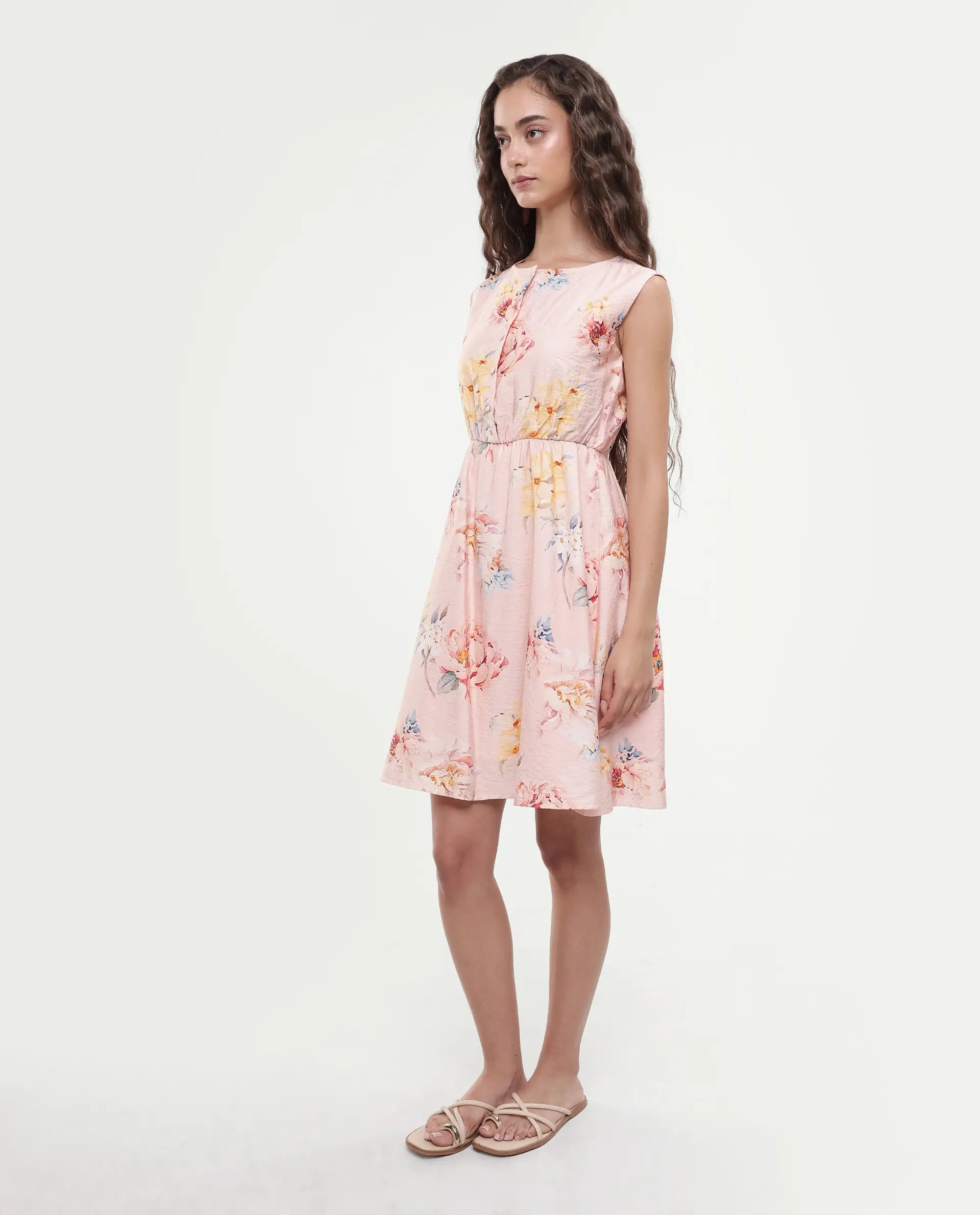 Rareism Women's Nupic Pink Viscose Blend Round Neck Floral Print Mini Flared Dress