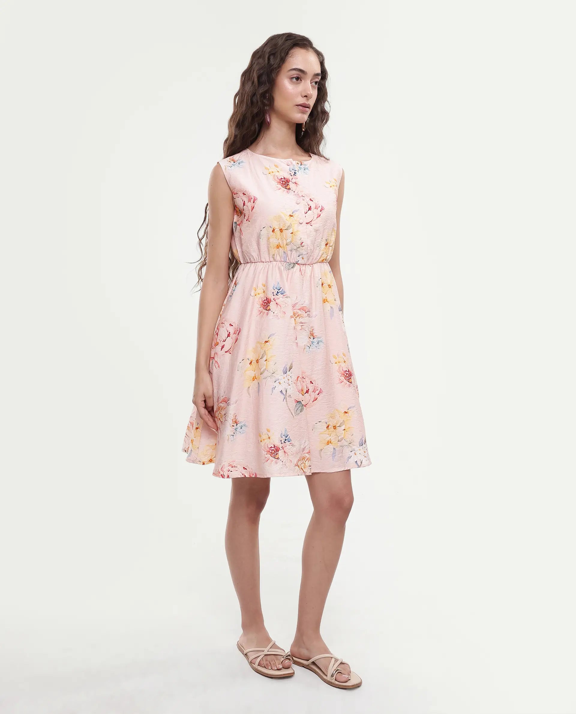 Rareism Women's Nupic Pink Viscose Blend Round Neck Floral Print Mini Flared Dress