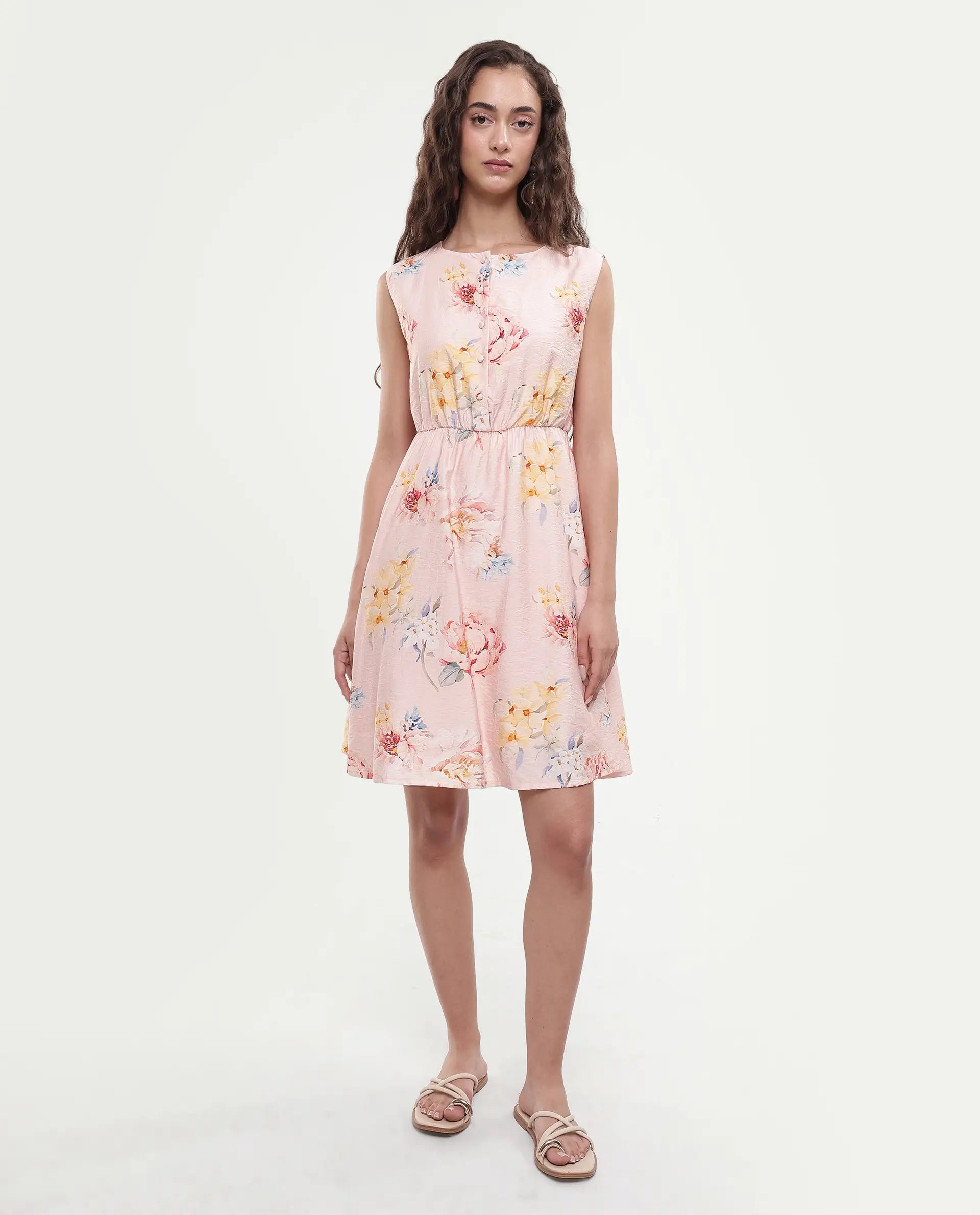 Rareism Women's Nupic Pink Viscose Blend Round Neck Floral Print Mini Flared Dress