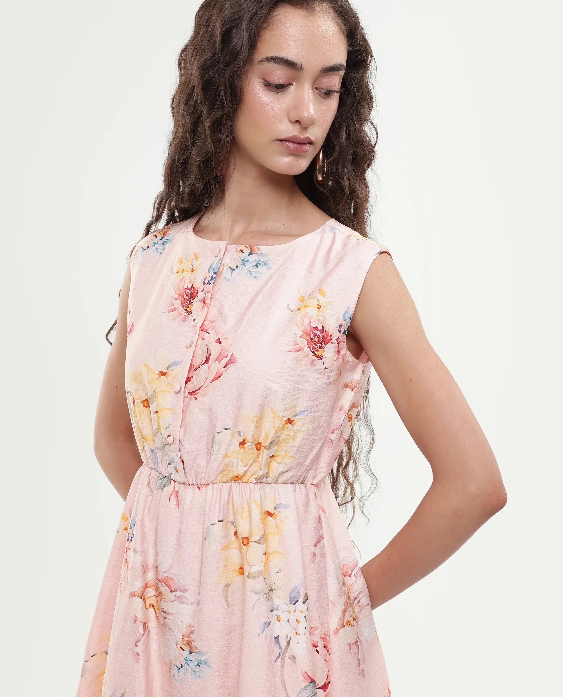 Rareism Women's Nupic Pink Viscose Blend Round Neck Floral Print Mini Flared Dress