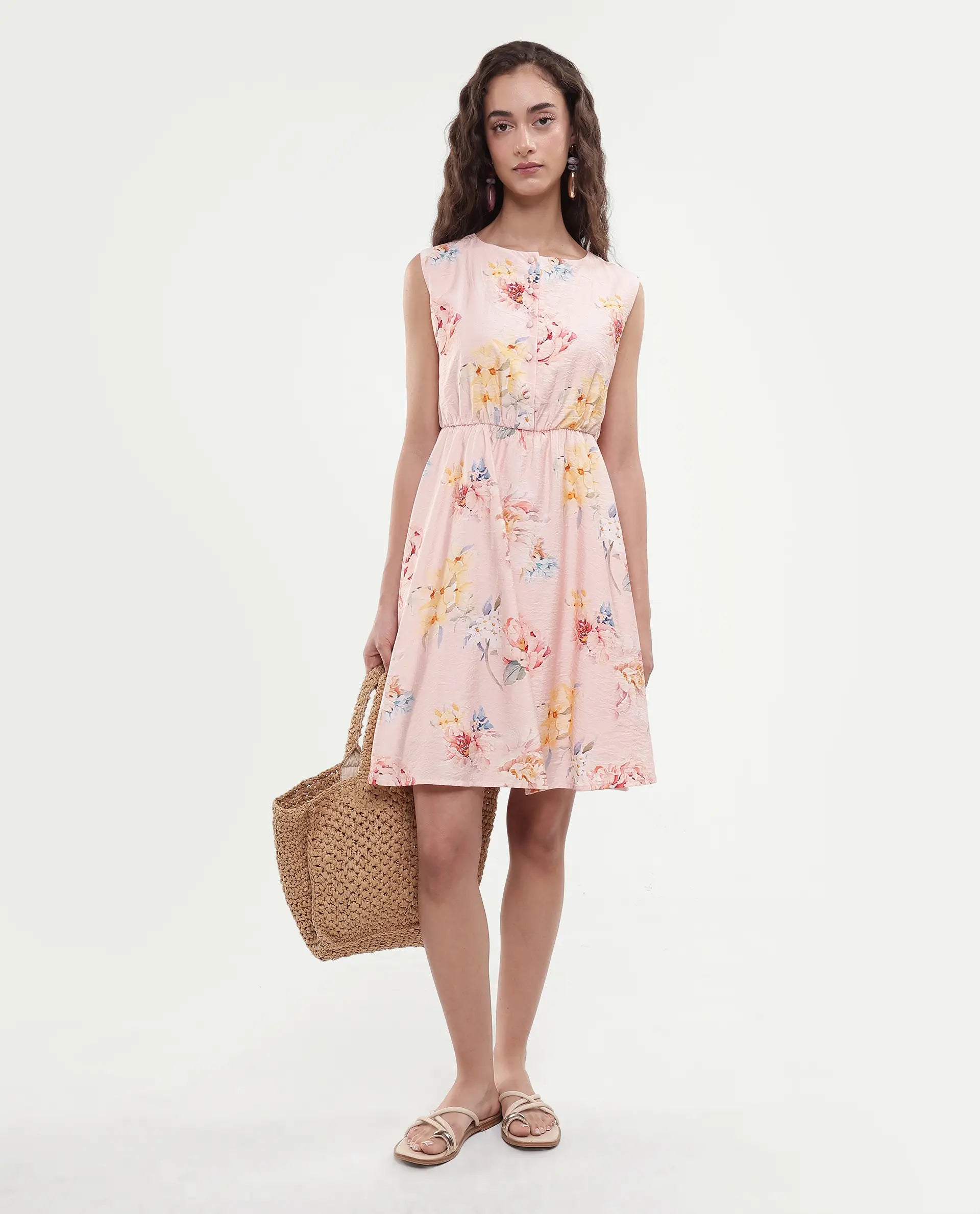 Rareism Women's Nupic Pink Viscose Blend Round Neck Floral Print Mini Flared Dress
