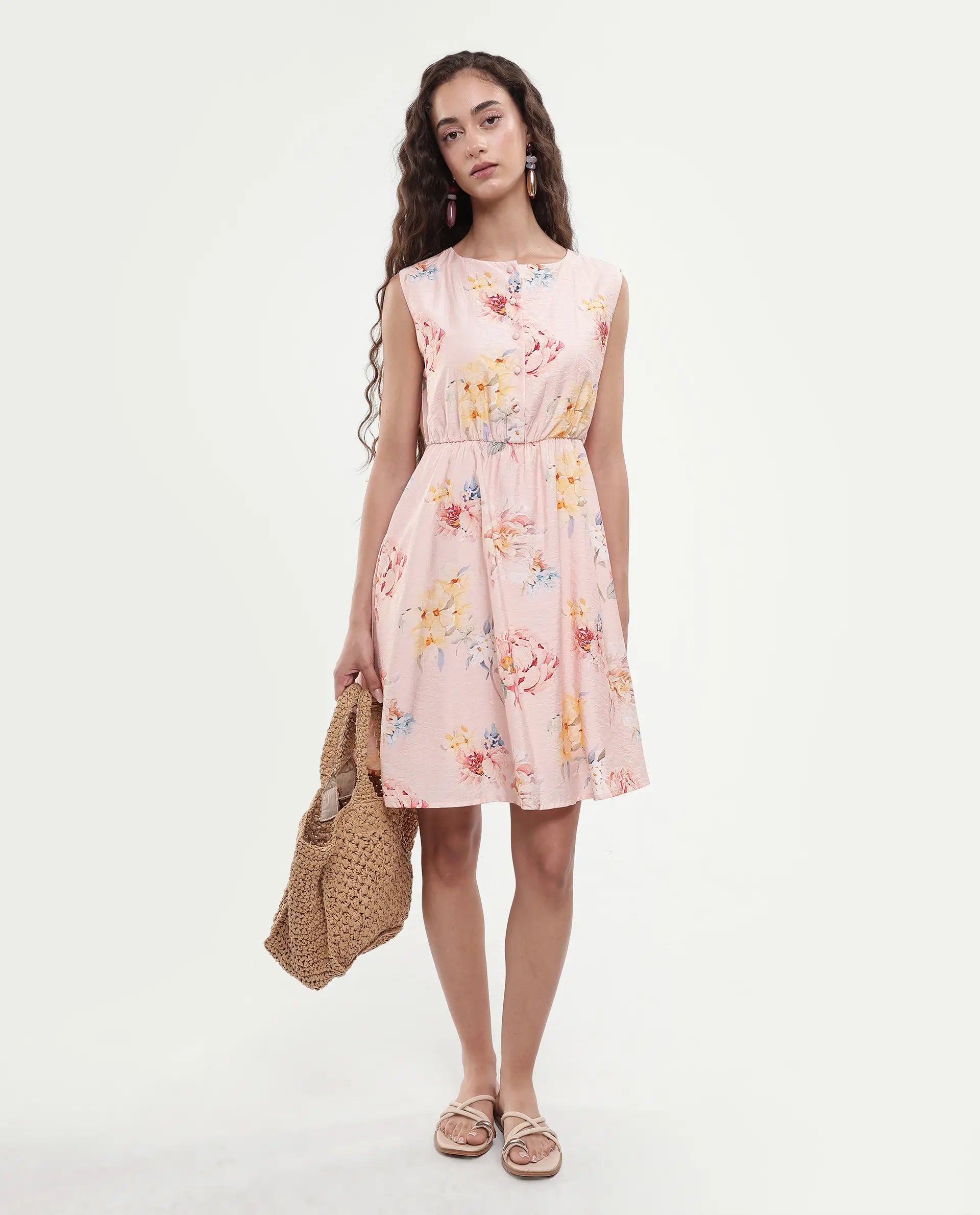 Rareism Women's Nupic Pink Viscose Blend Round Neck Floral Print Mini Flared Dress