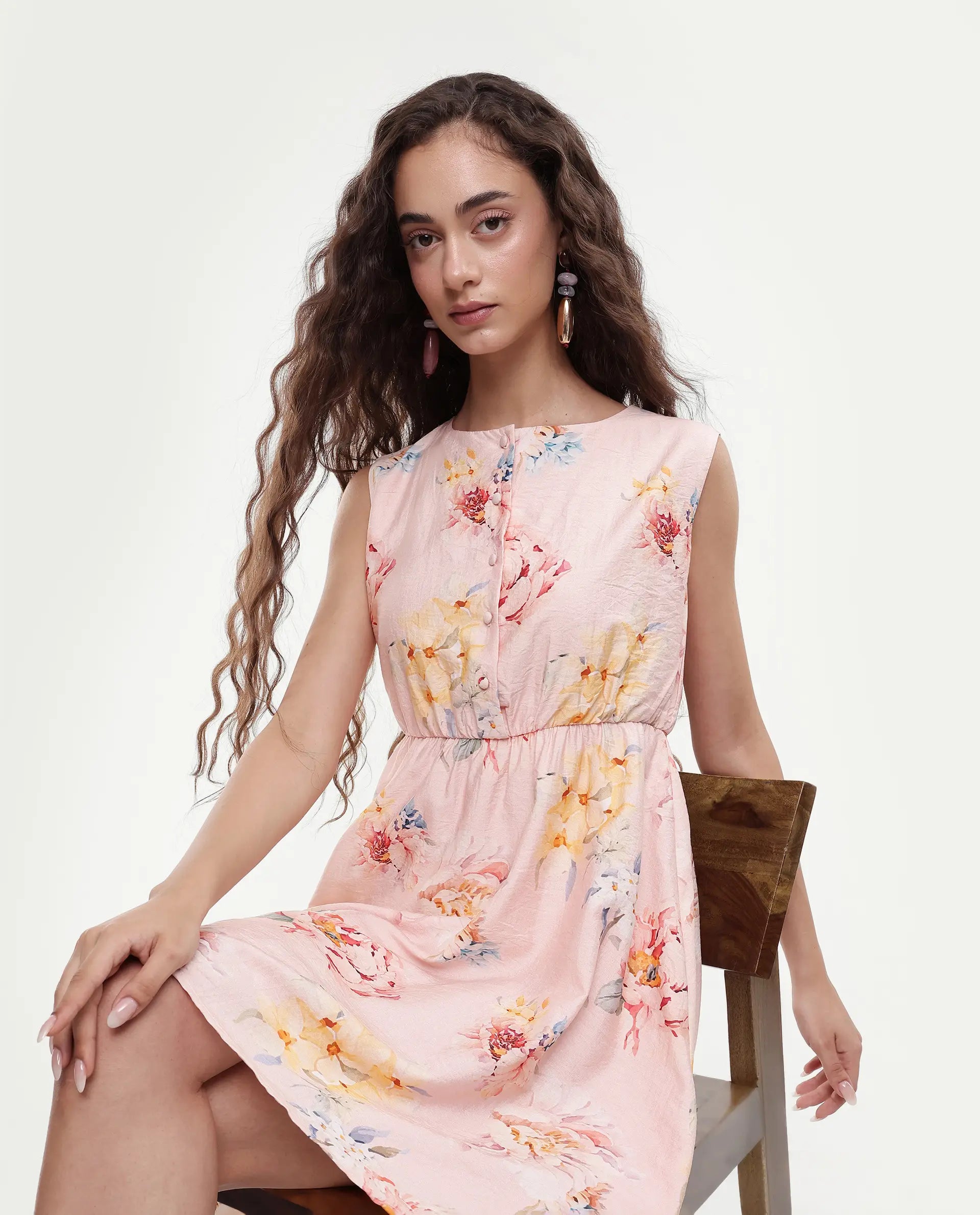 Rareism Women's Nupic Pink Viscose Blend Round Neck Floral Print Mini Flared Dress