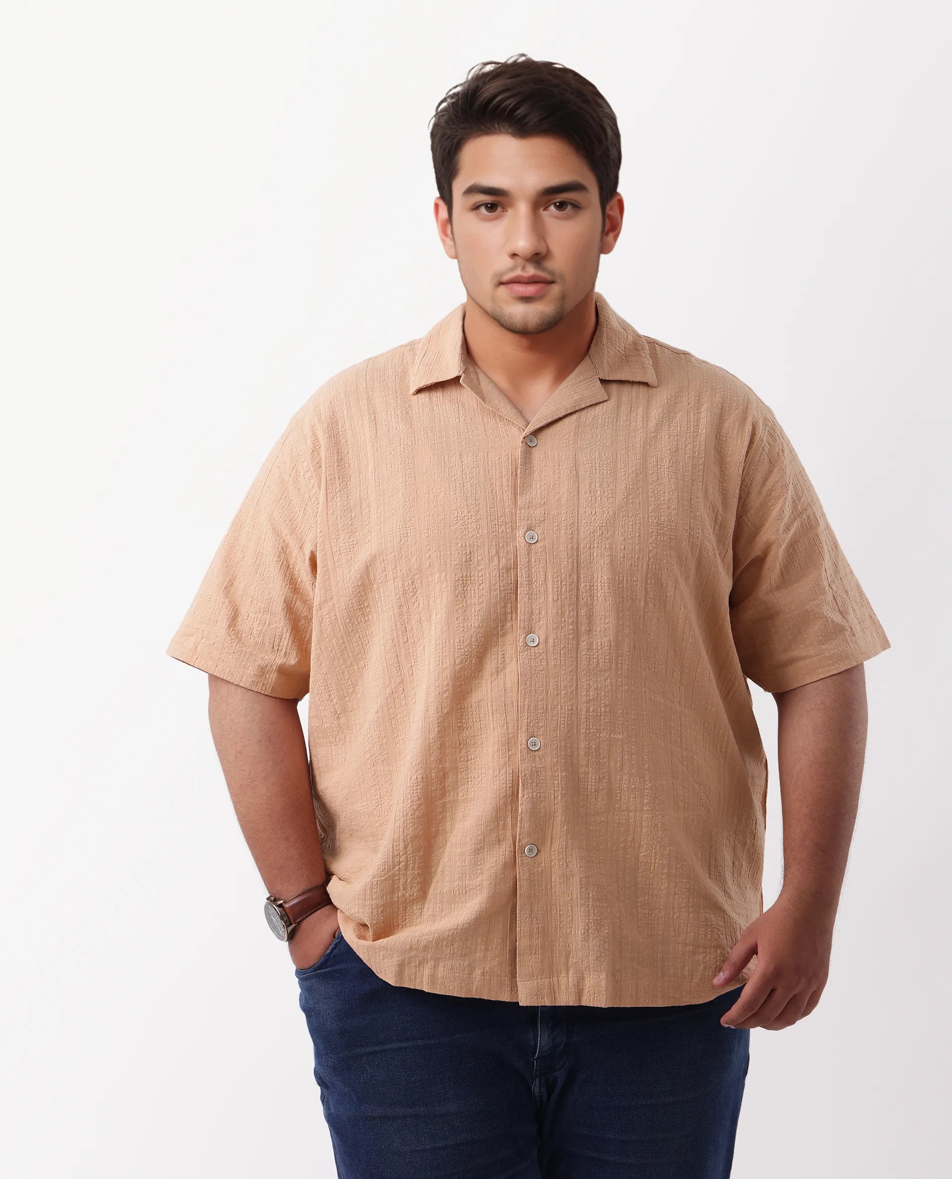 Rare Rabbit Men's Cotton Checked Print Boxy Fit Half Sleeve Cuban Collar Shirt