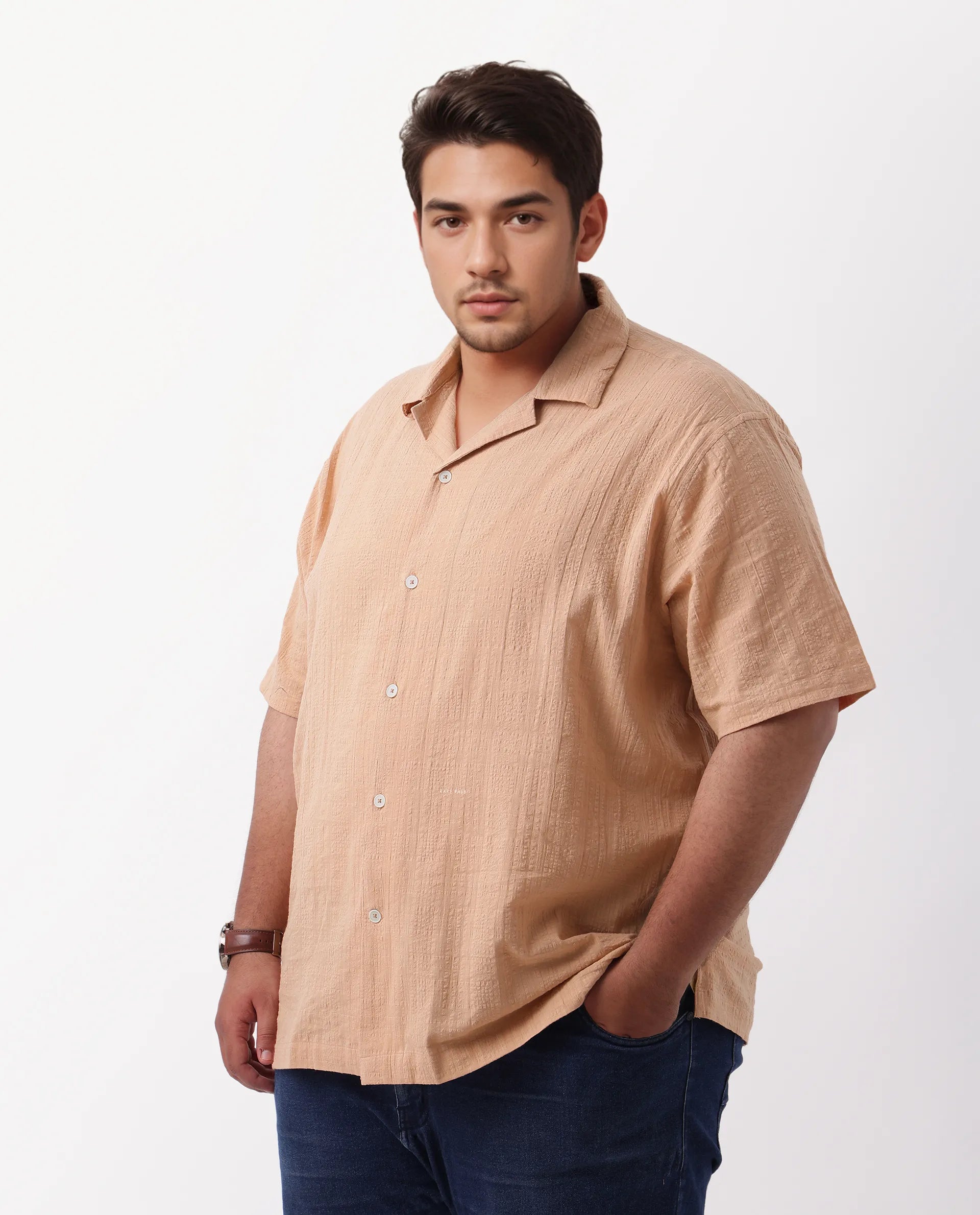 Rare Rabbit Men's Cotton Checked Print Boxy Fit Half Sleeve Cuban Collar Shirt