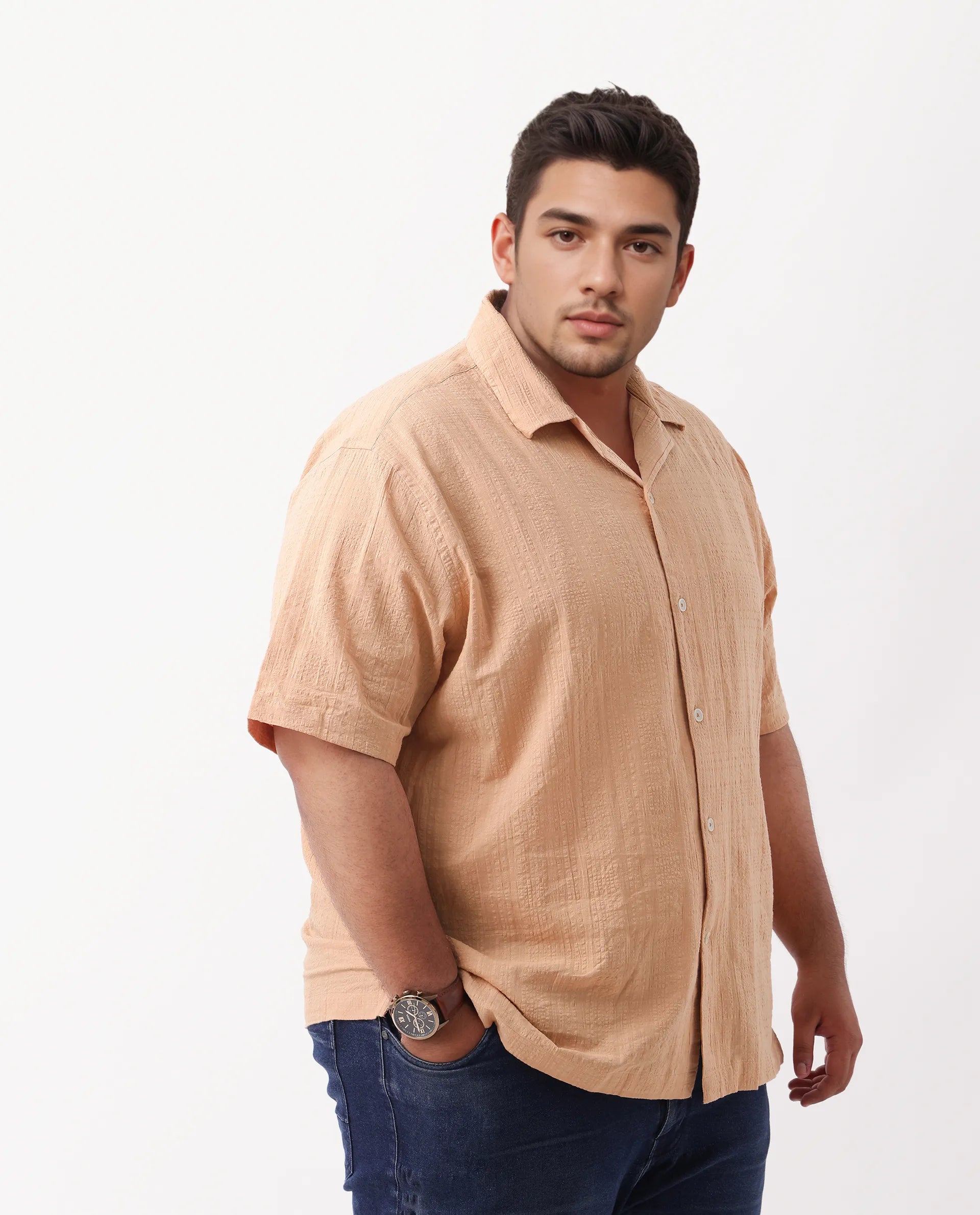 Rare Rabbit Men's Cotton Checked Print Boxy Fit Half Sleeve Cuban Collar Shirt