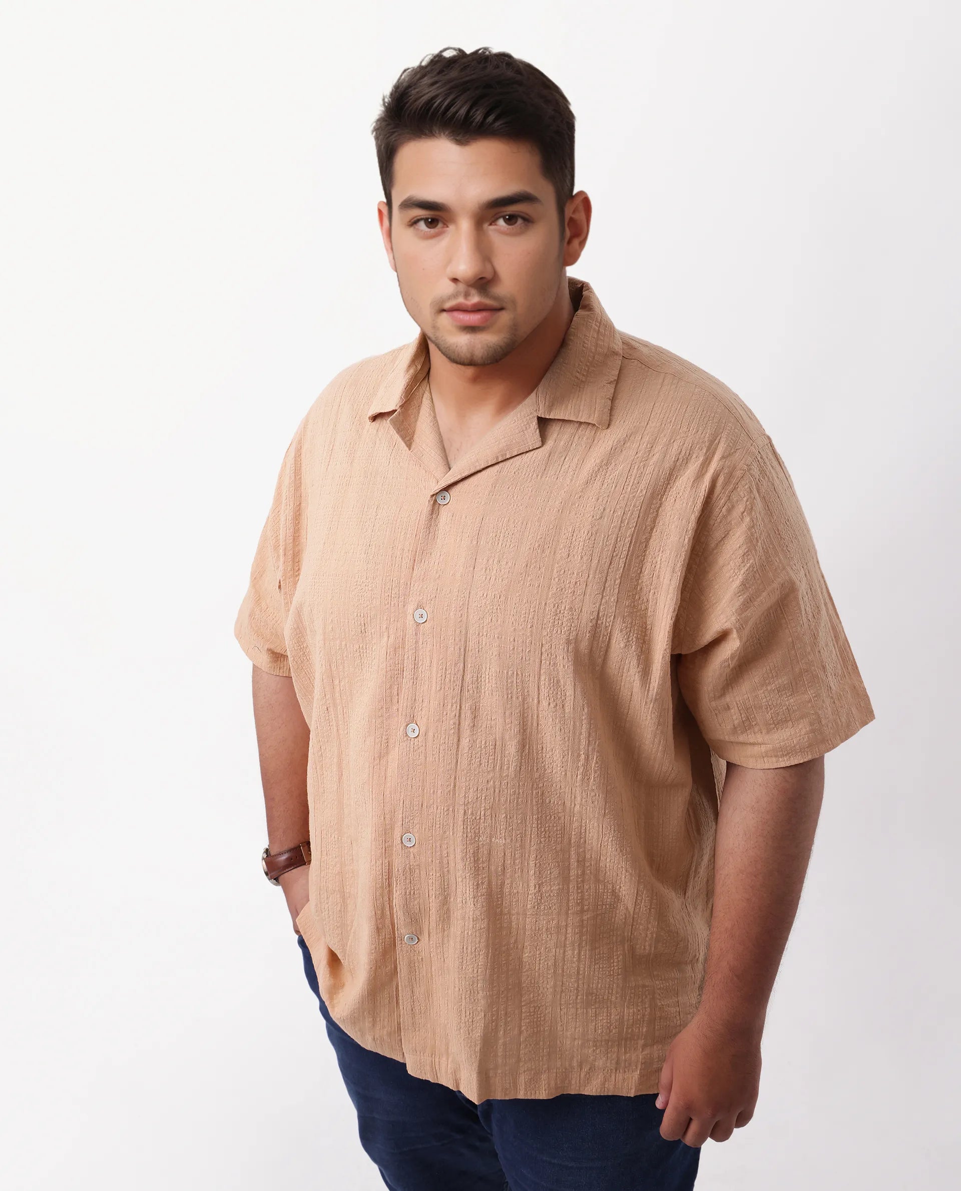 Rare Rabbit Men's Cotton Checked Print Boxy Fit Half Sleeve Cuban Collar Shirt