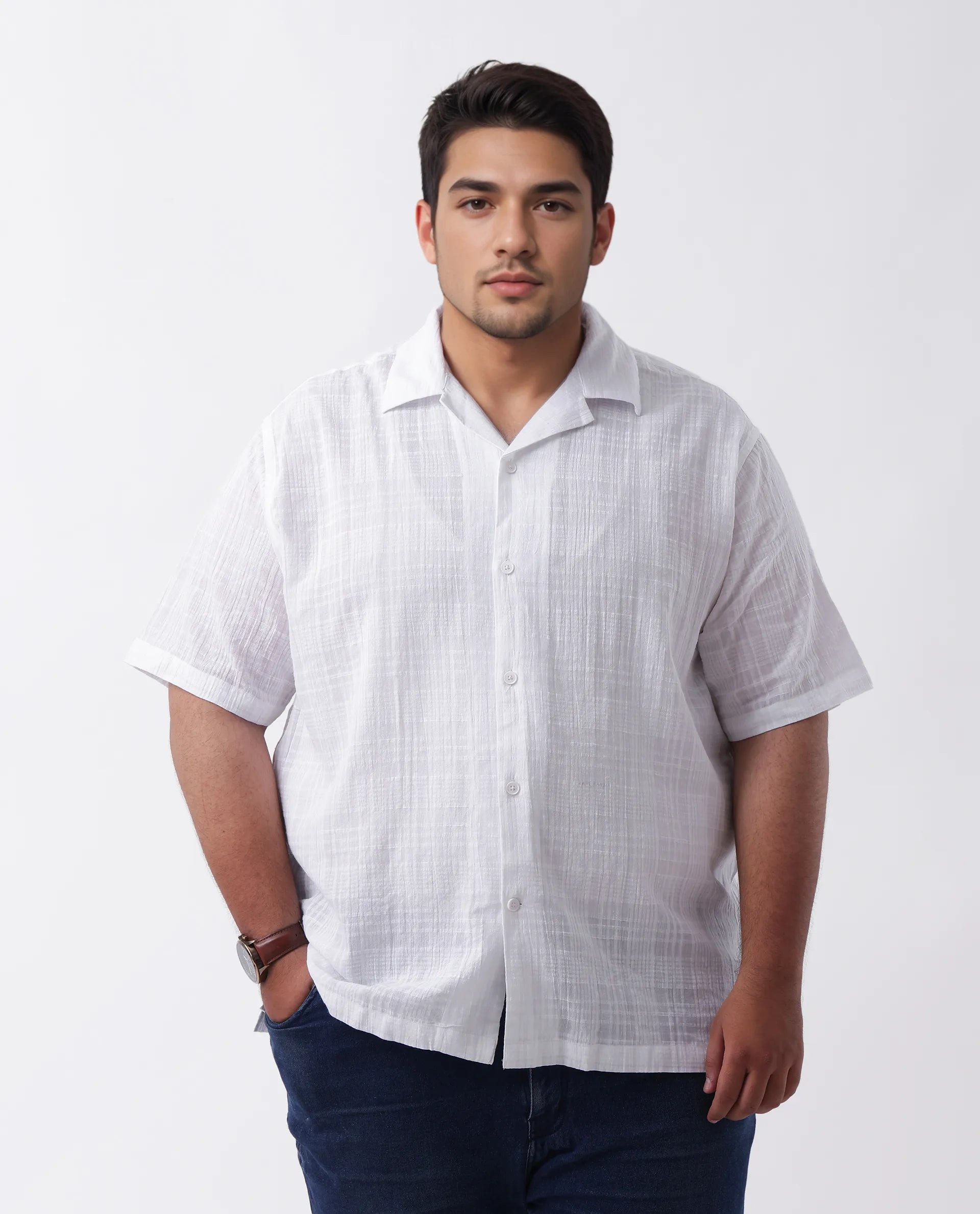 Rare Rabbit Men's Dara-L White Cotton Checked Print Plus Size Half Sleeve Cuban Collar Shirt