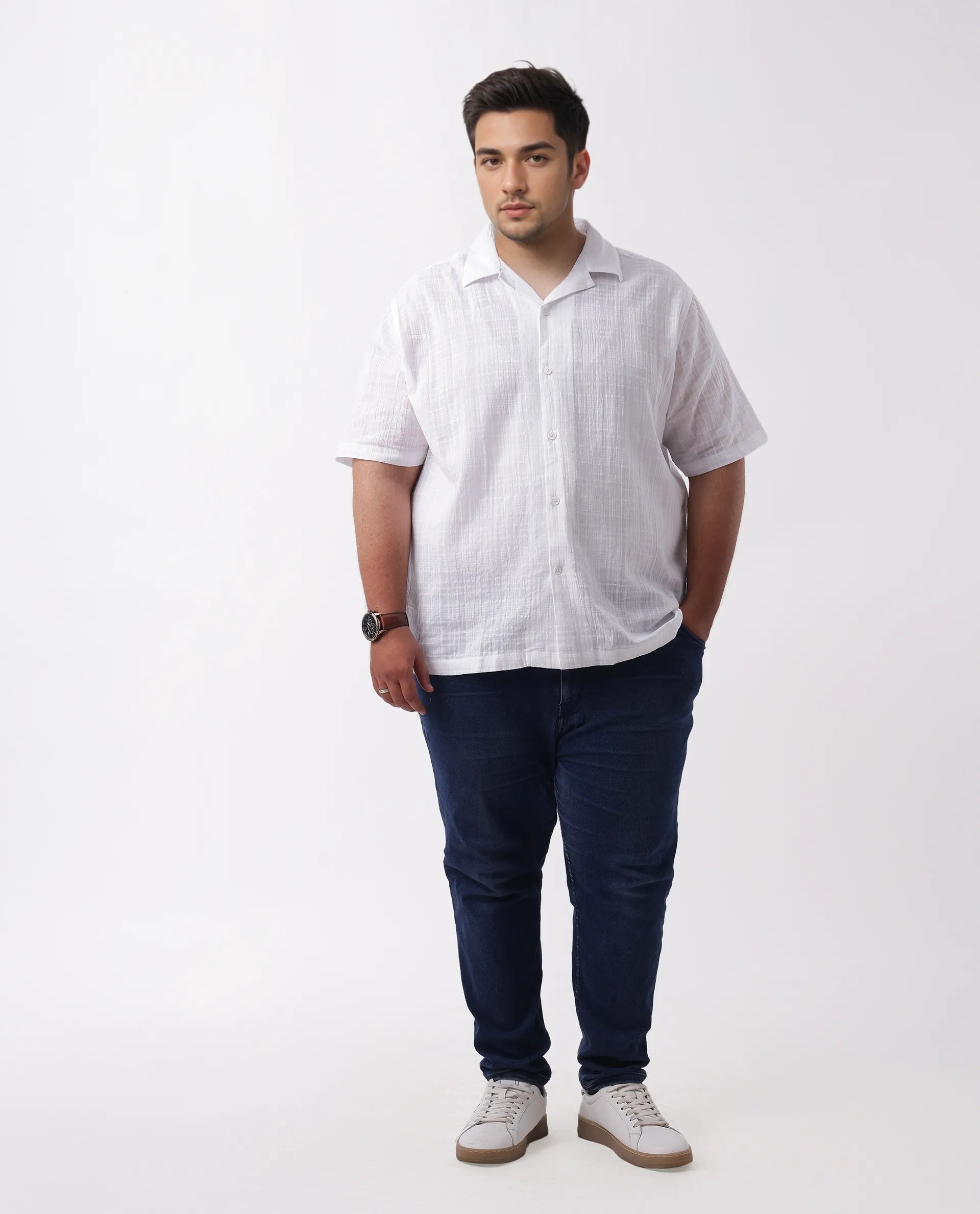 Rare Rabbit Men's Dara-L White Cotton Checked Print Plus Size Half Sleeve Cuban Collar Shirt