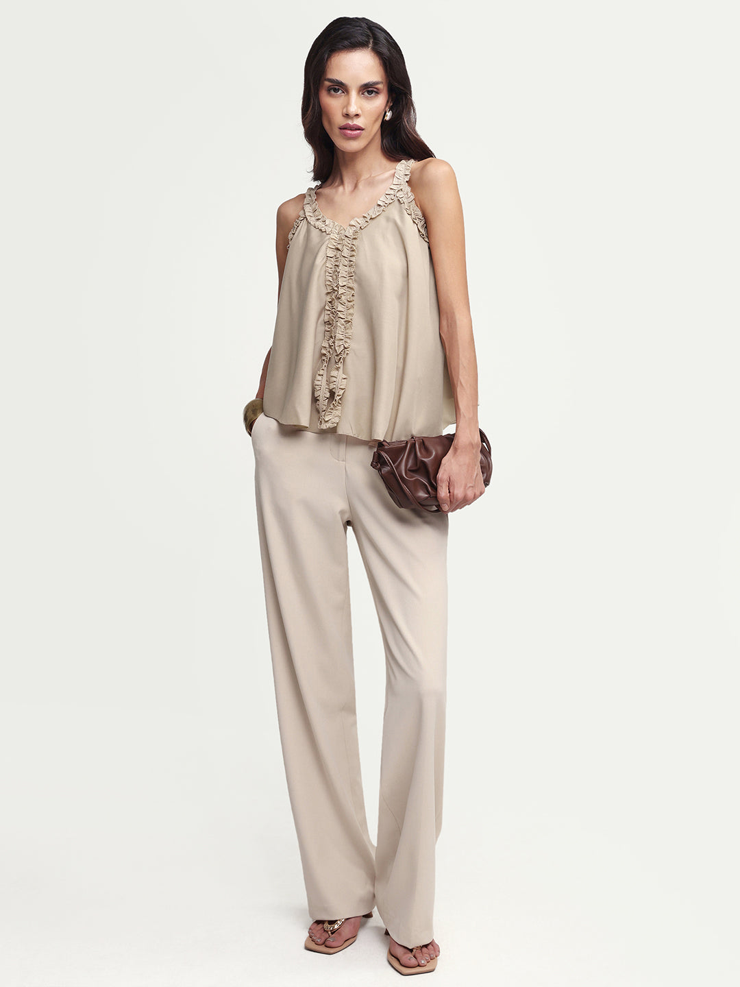 Rareism Women's Epave Beige Viscose V-Neck Plain Sleeveless Relaxed Fit Top