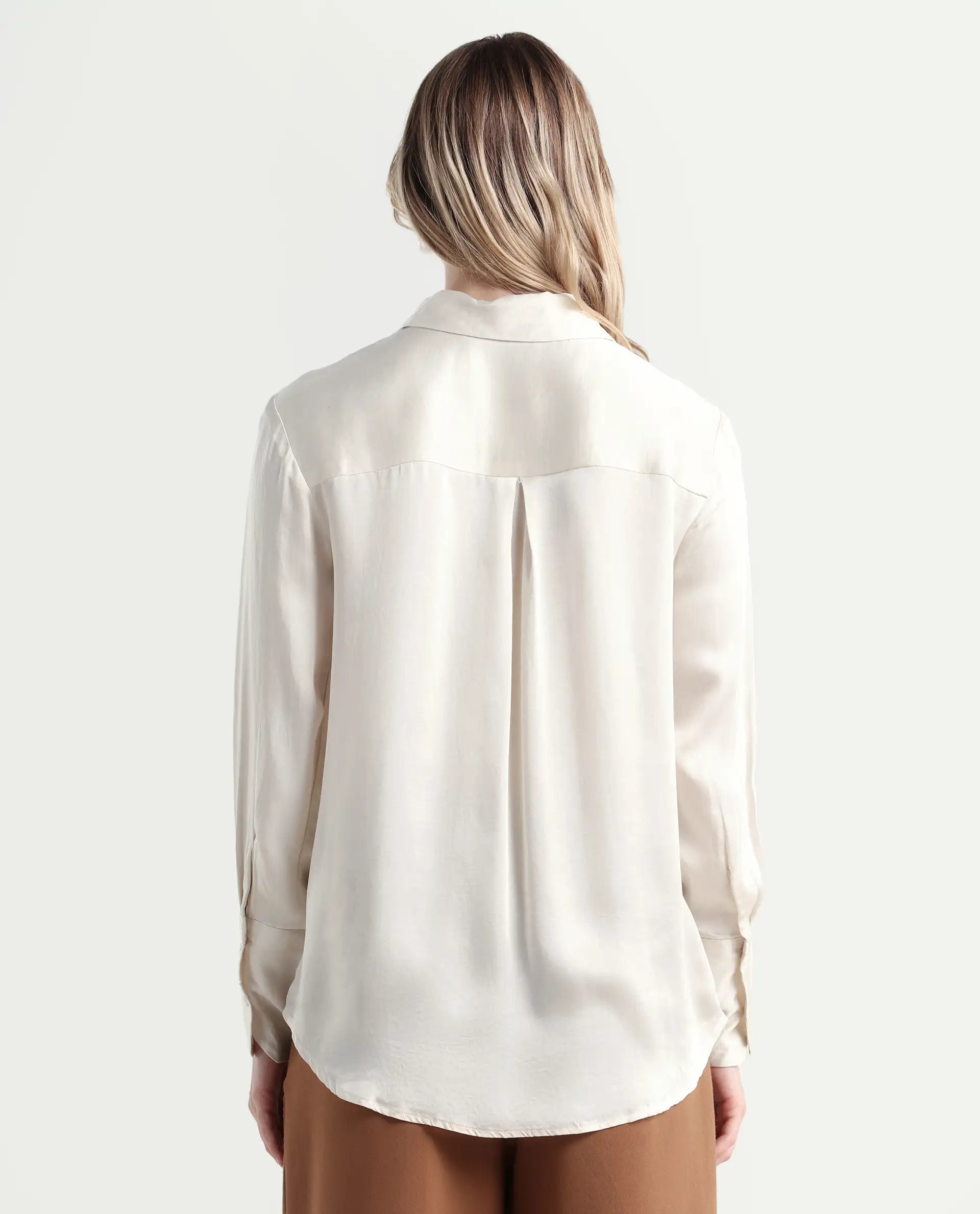 Rareism Women's Jaux Beige Satin Collared Plain Cuffed Sleeve Regular Fit Shirt