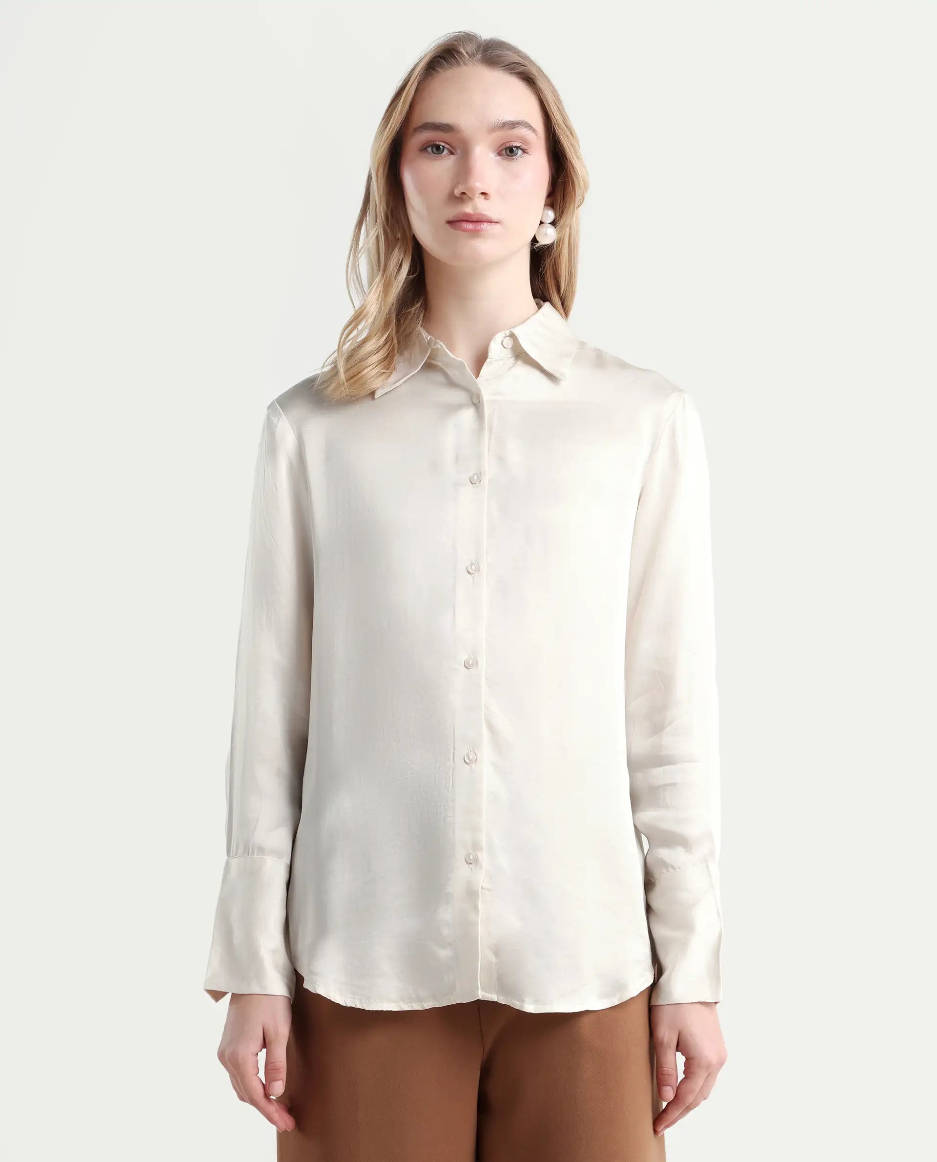 Rareism Women's Jaux Beige Satin Collared Plain Cuffed Sleeve Regular Fit Shirt