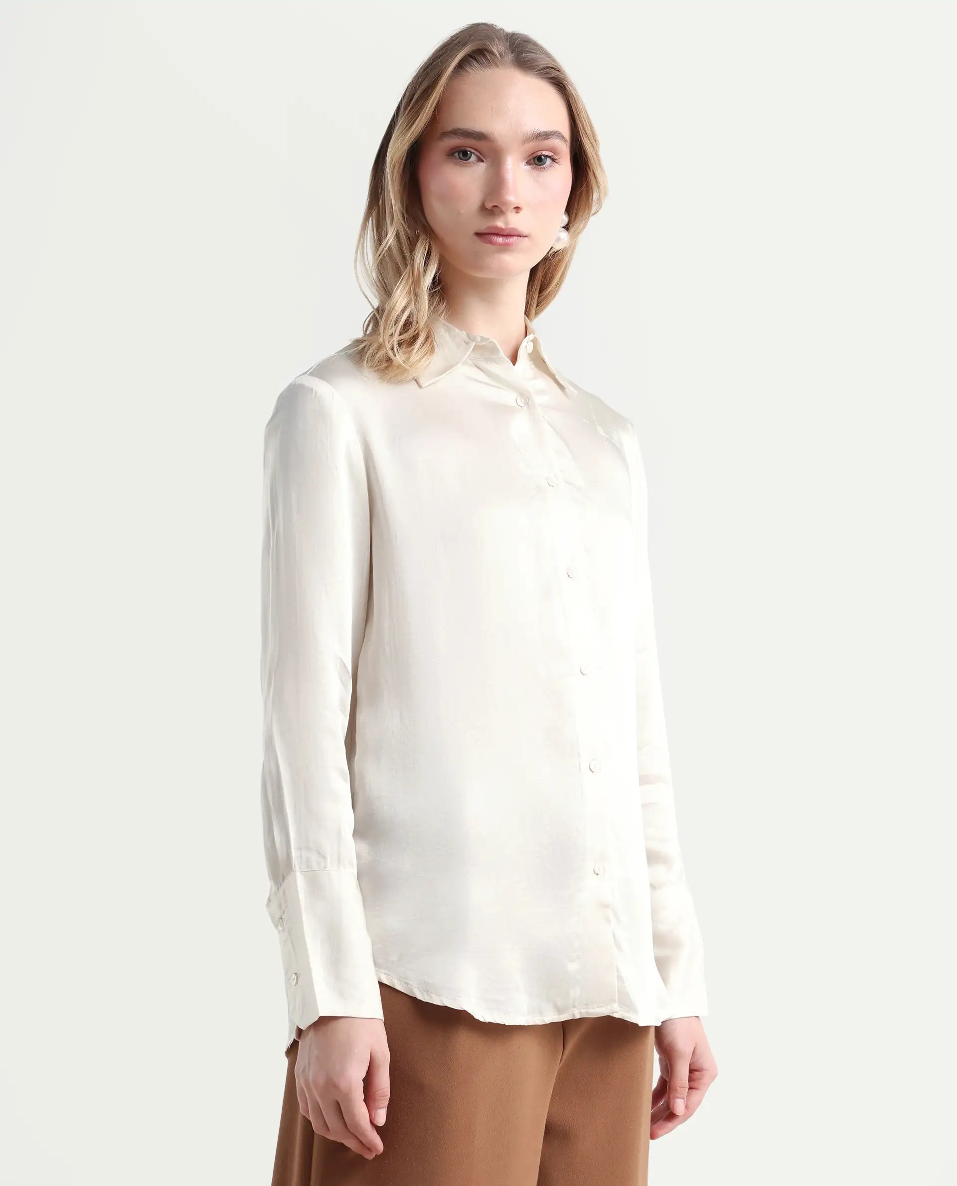 Rareism Women's Jaux Beige Satin Collared Plain Cuffed Sleeve Regular Fit Shirt