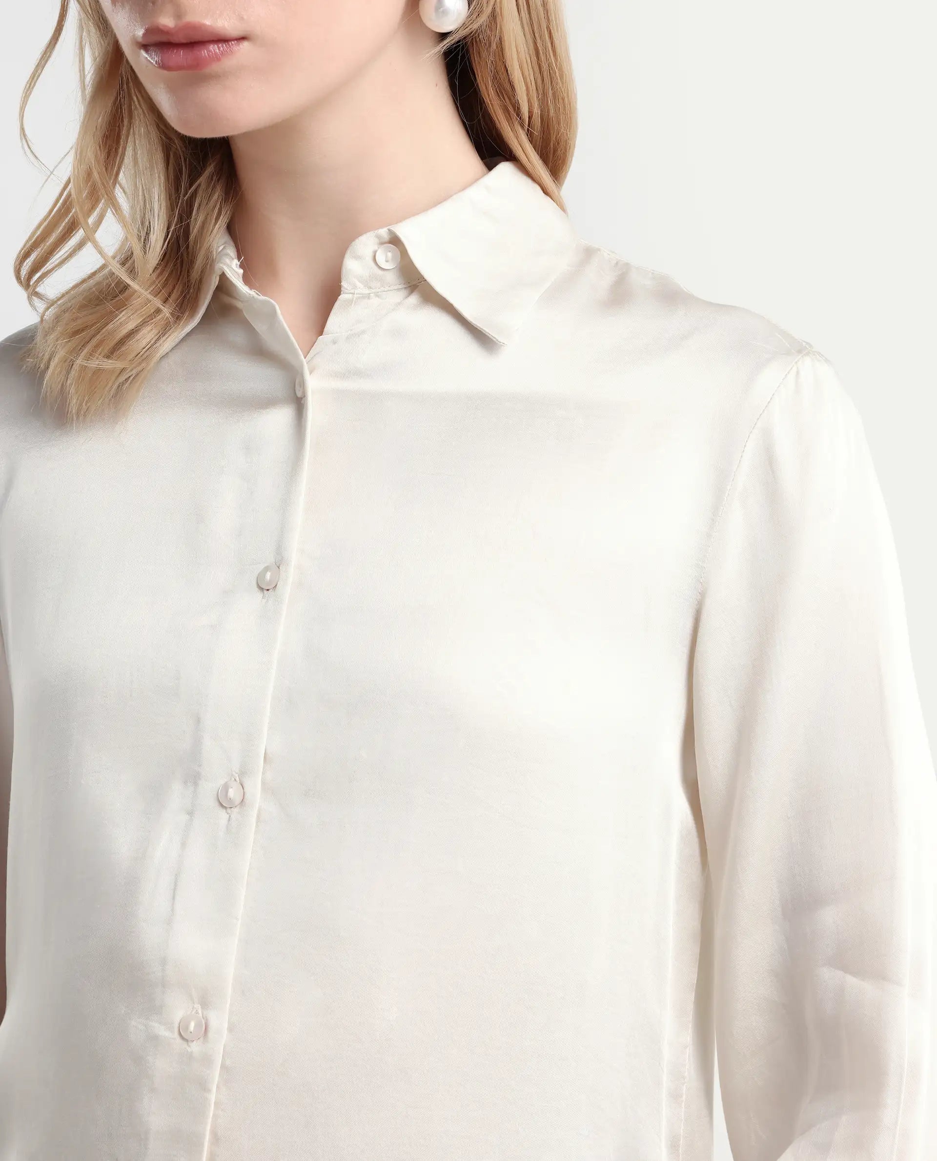 Rareism Women's Jaux Beige Satin Collared Plain Cuffed Sleeve Regular Fit Shirt