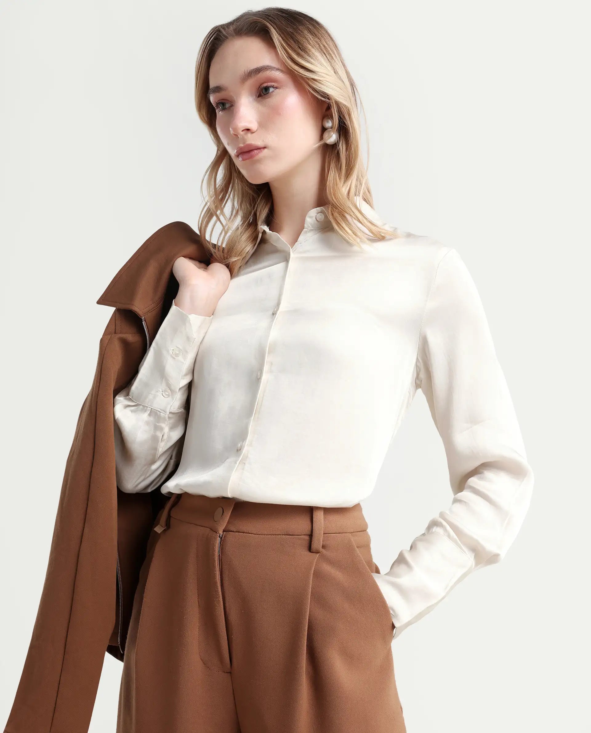 Rareism Women's Jaux Beige Satin Collared Plain Cuffed Sleeve Regular Fit Shirt