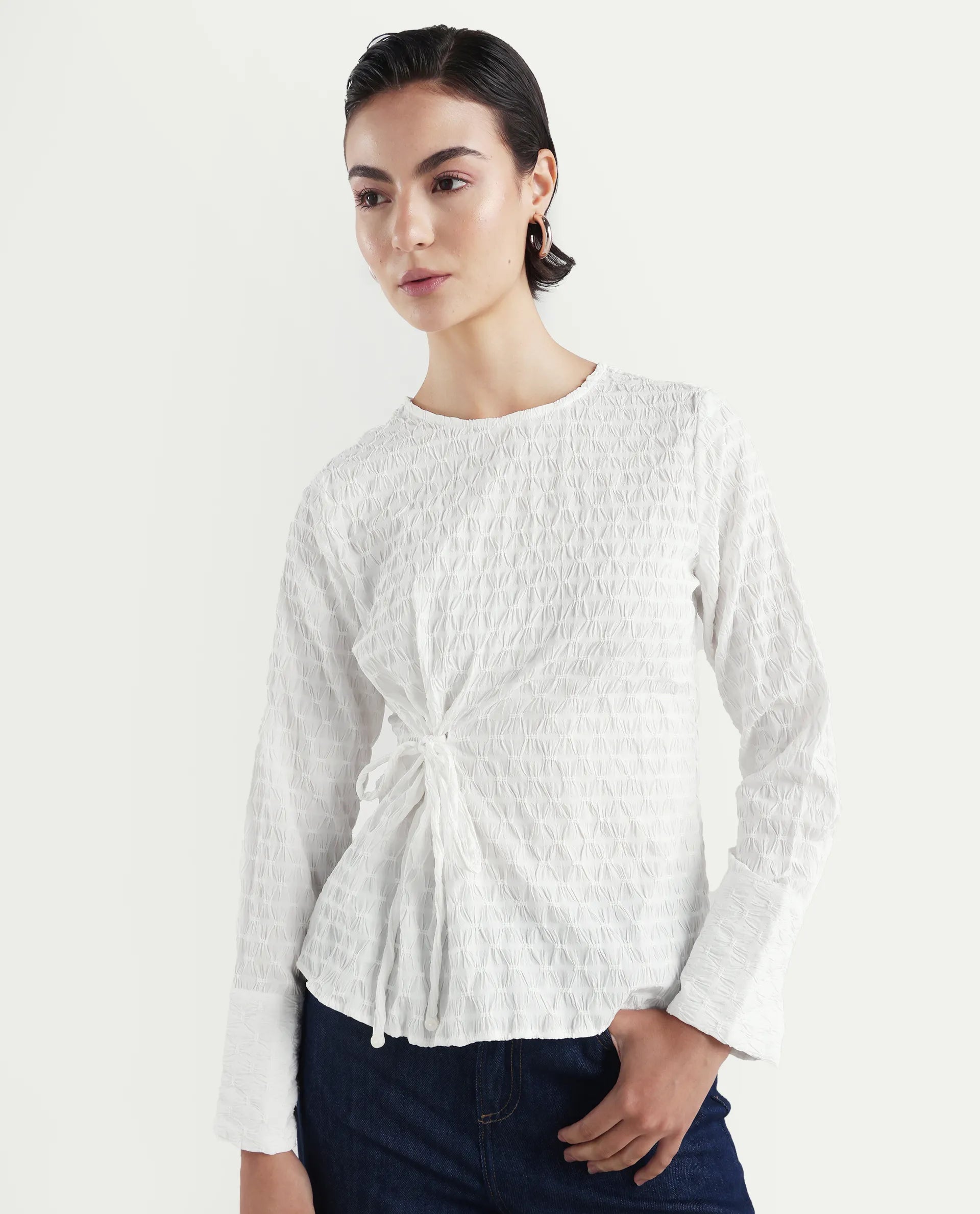 Rareism Women's Kiop White Polyester Crew Neck Plain Cuffed Sleeve Regular Fit Top