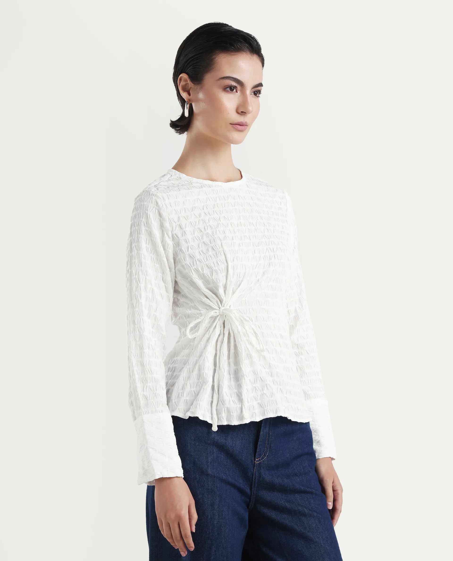 Rareism Women's Kiop White Polyester Crew Neck Plain Cuffed Sleeve Regular Fit Top