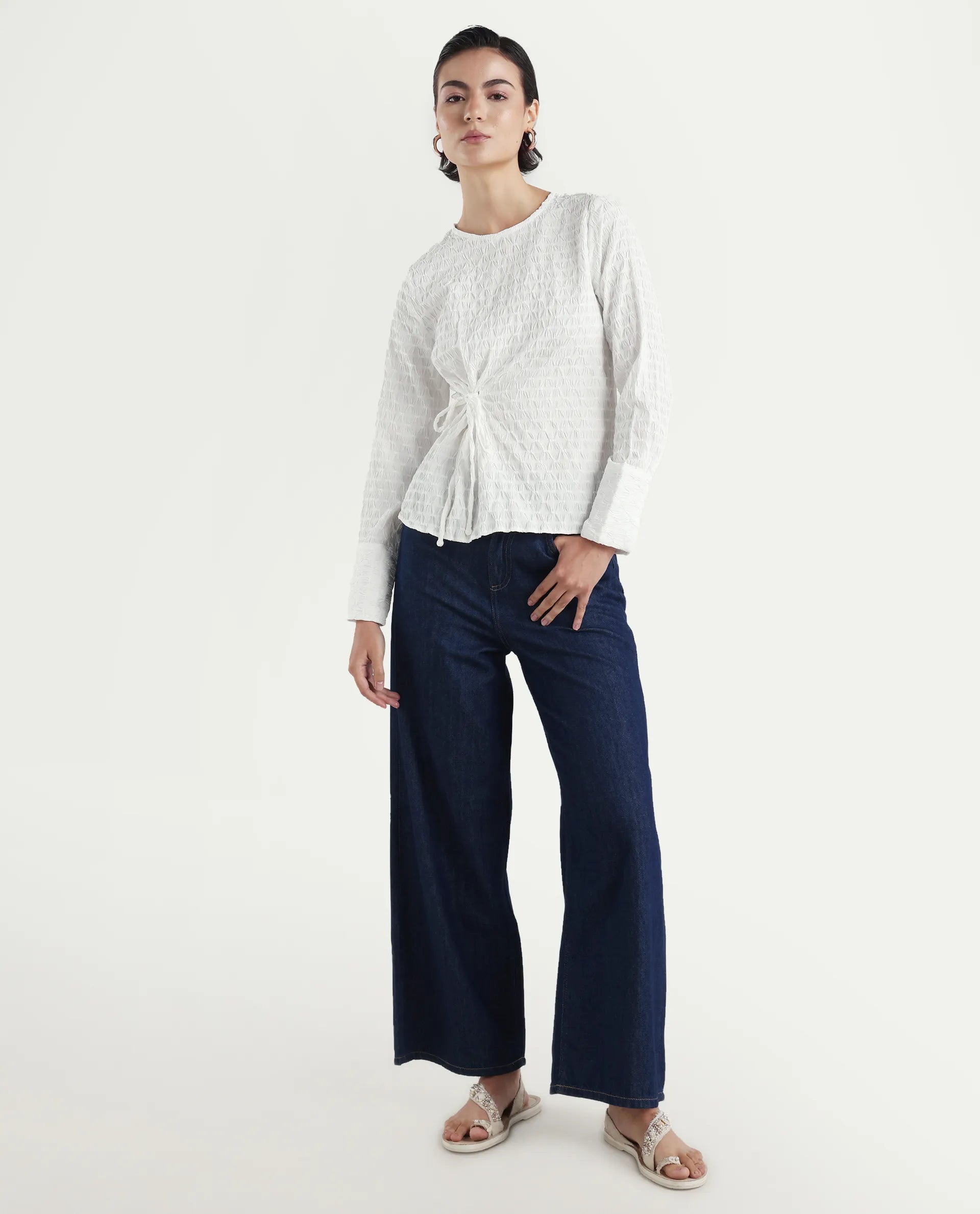 Rareism Women's Kiop White Polyester Crew Neck Plain Cuffed Sleeve Regular Fit Top