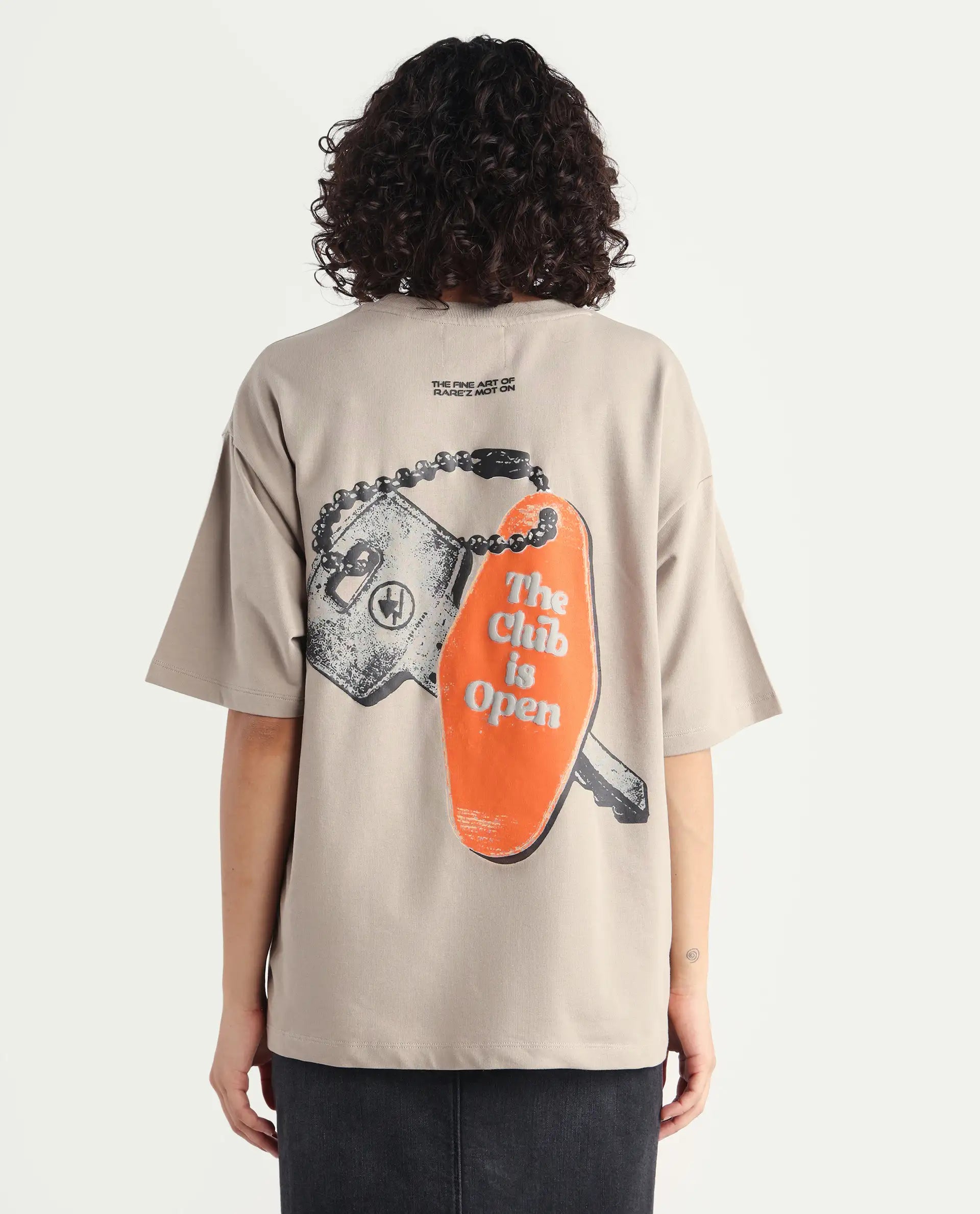 Rareism Women's Qlax Beige Cotton Graphic Print Oversized T-Shirt
