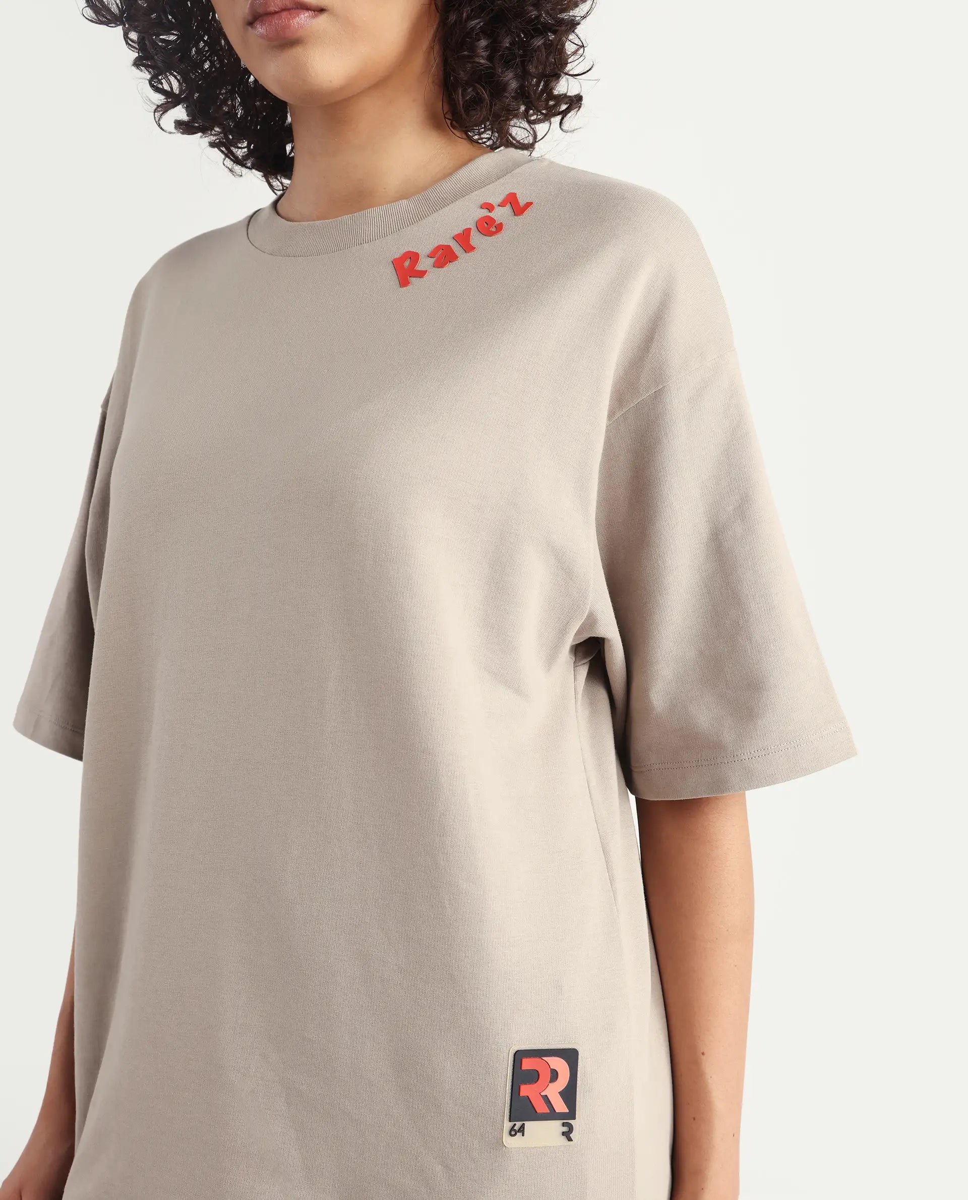 Rareism Women's Qlax Beige Cotton Graphic Print Oversized T-Shirt