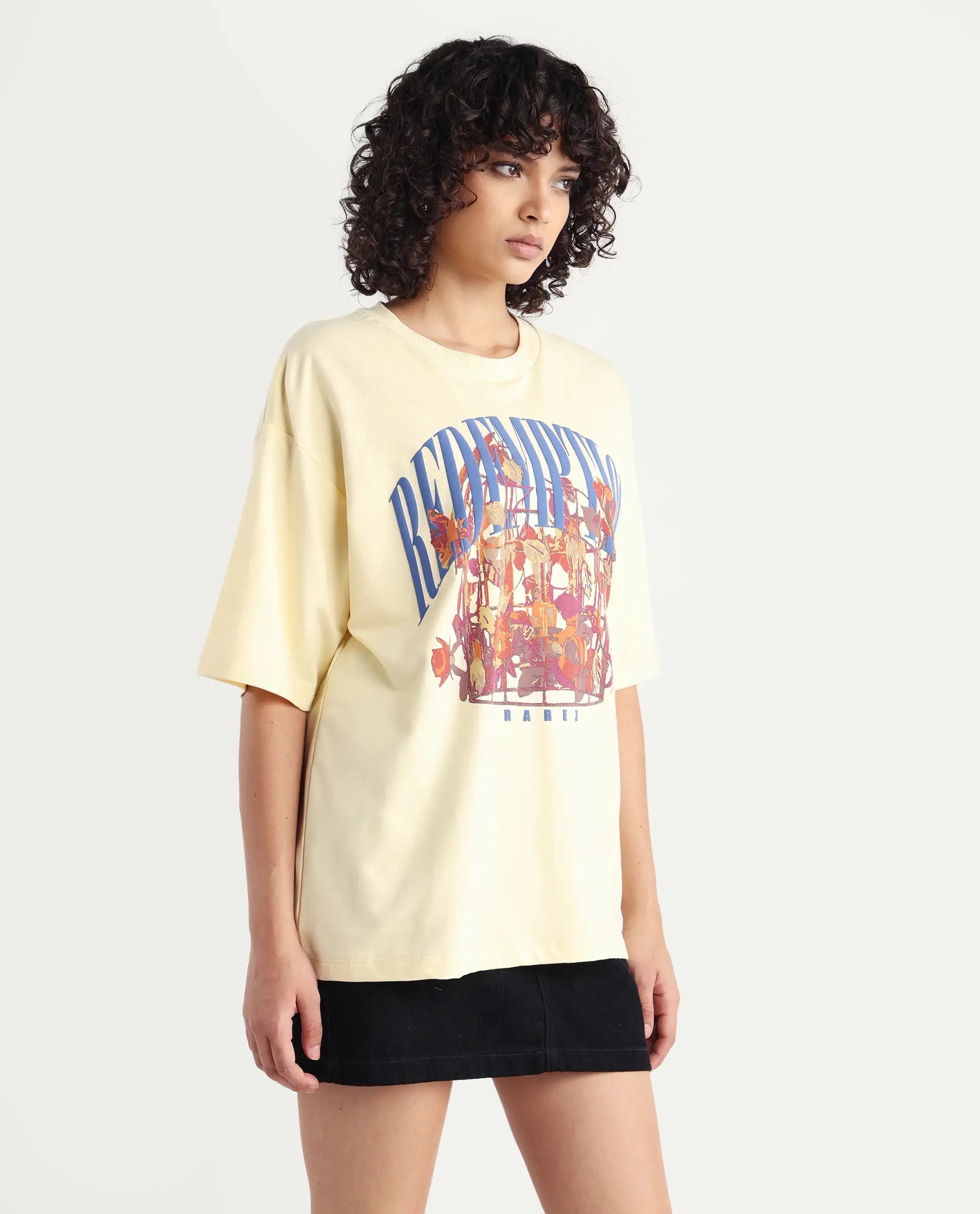 Rareism Women's Sler Dusky Yellow Cotton Crew Neck Graphic Print Oversized T-Shirt