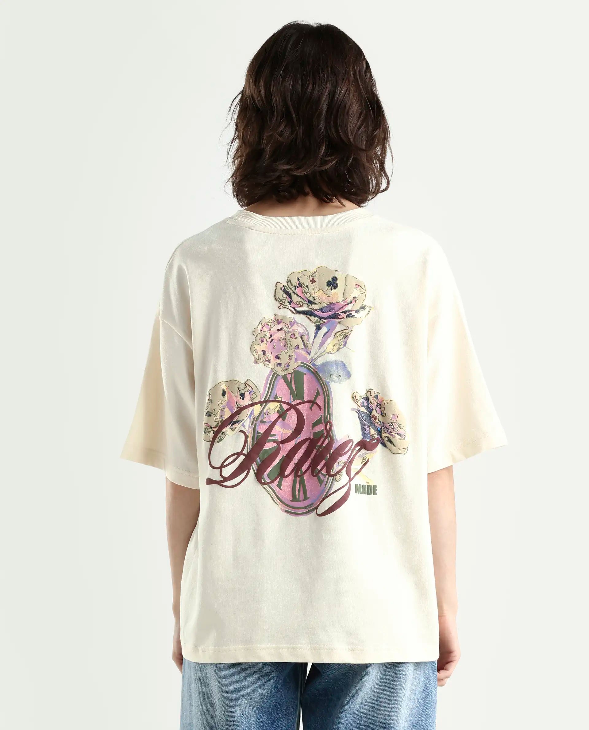 Rareism Women's Fluers Beige Viscose Blend Crew Neck Graphic Print Oversized T-Shirt Oversize