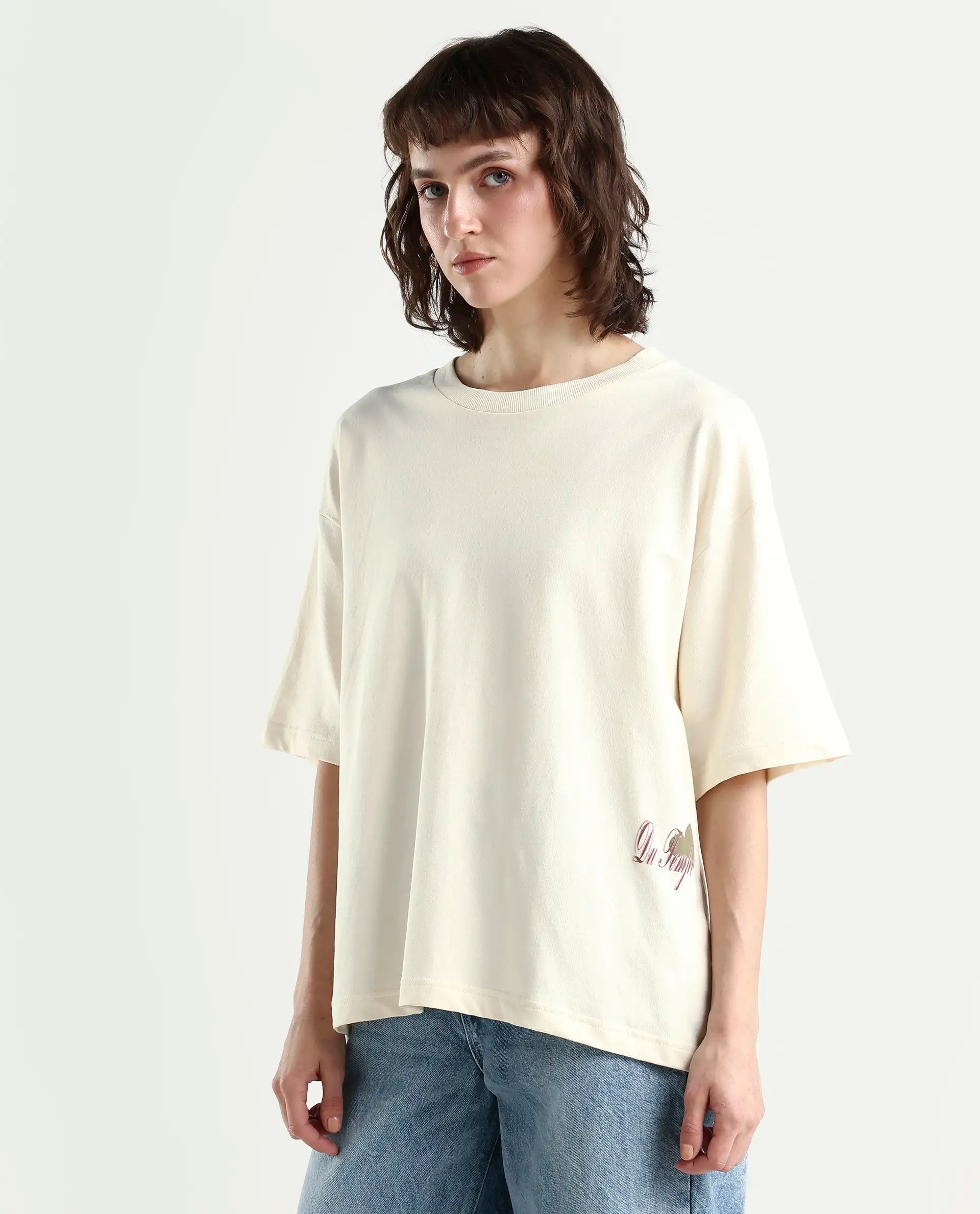 Rareism Women's Fluers Beige Viscose Blend Crew Neck Graphic Print Oversized T-Shirt Oversize