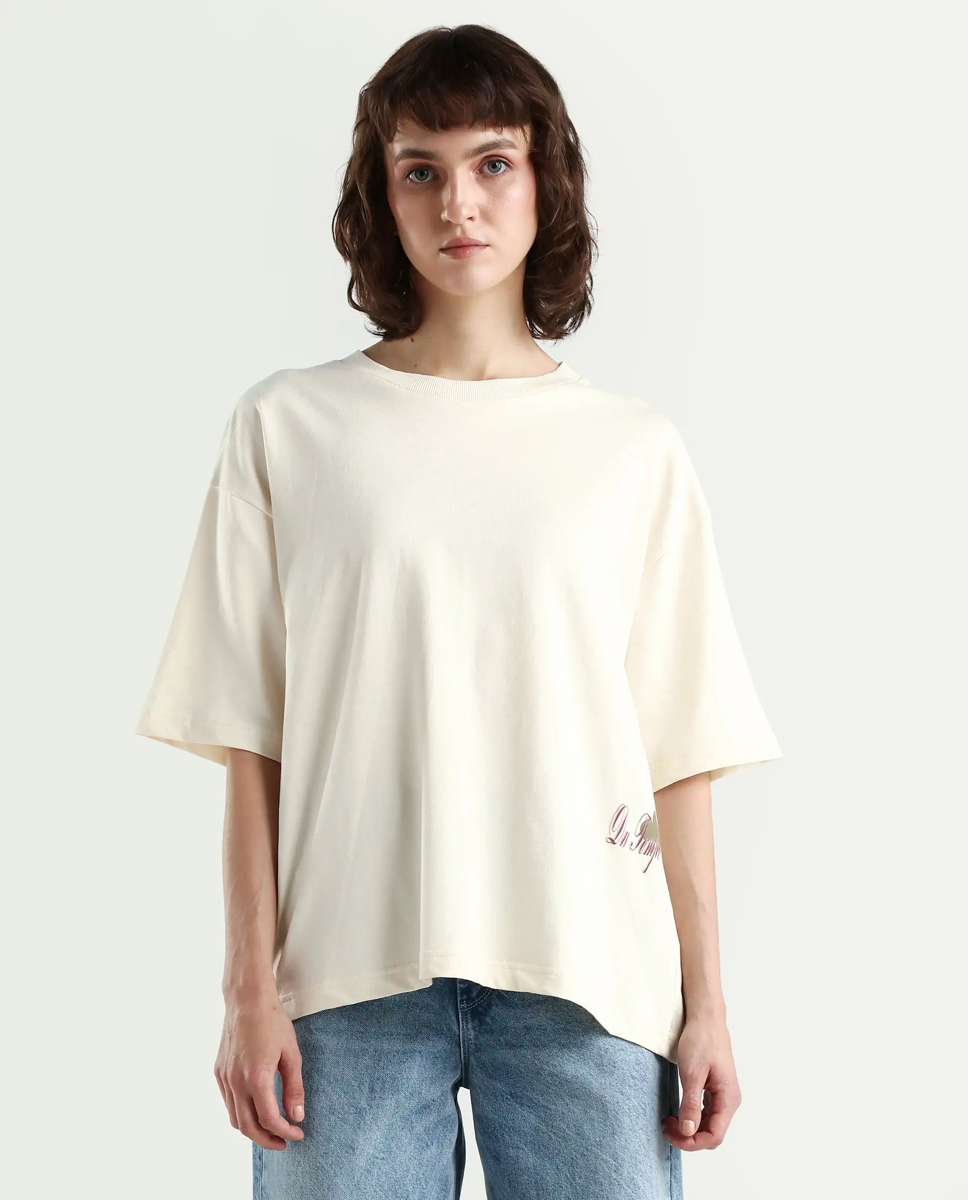 Rareism Women's Fluers Beige Viscose Blend Crew Neck Graphic Print Oversized T-Shirt Oversize