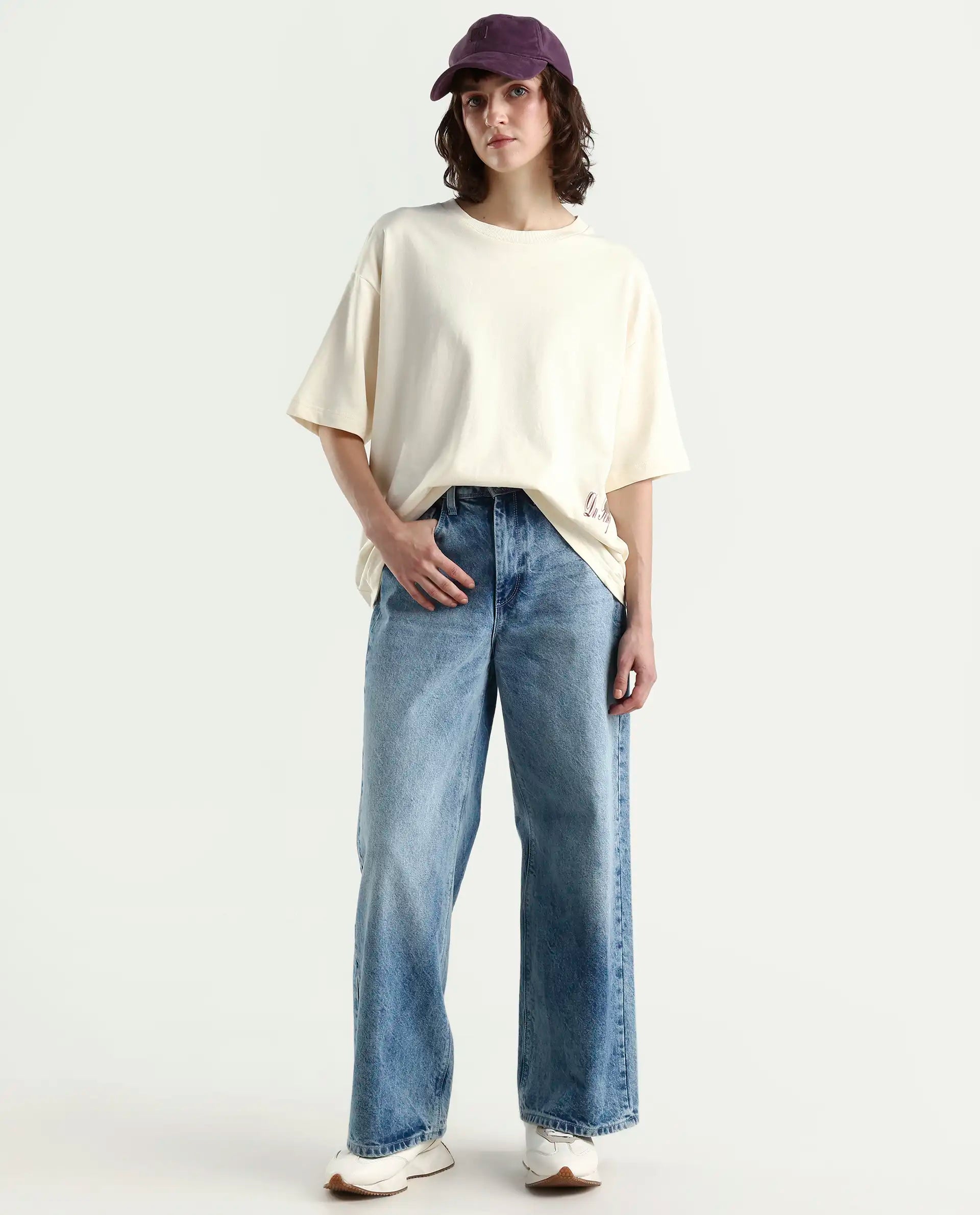 Rareism Women's Fluers Beige Viscose Blend Crew Neck Graphic Print Oversized T-Shirt Oversize