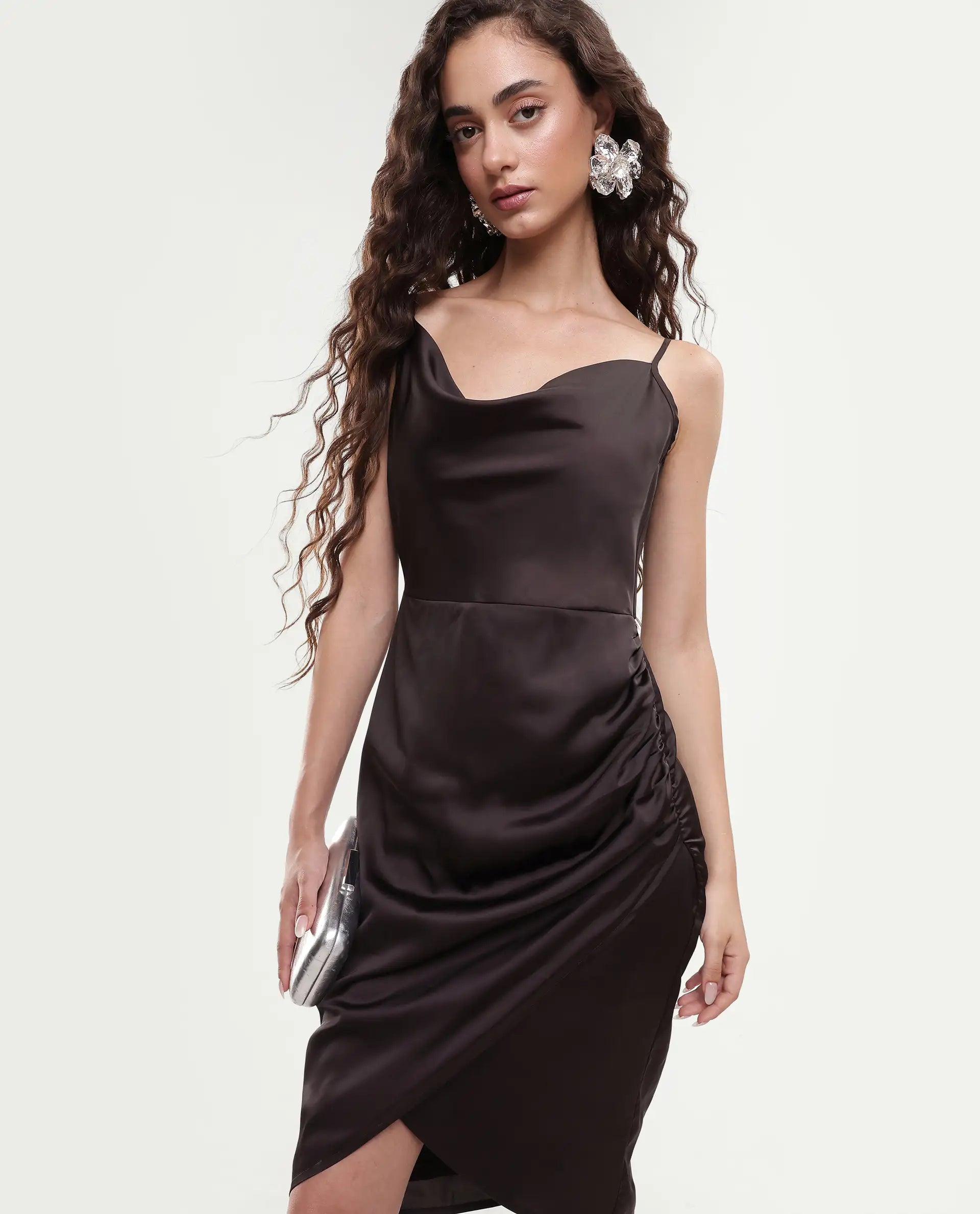 Rareism Women's Avilim Brown Polyester Fitted Mini Dress