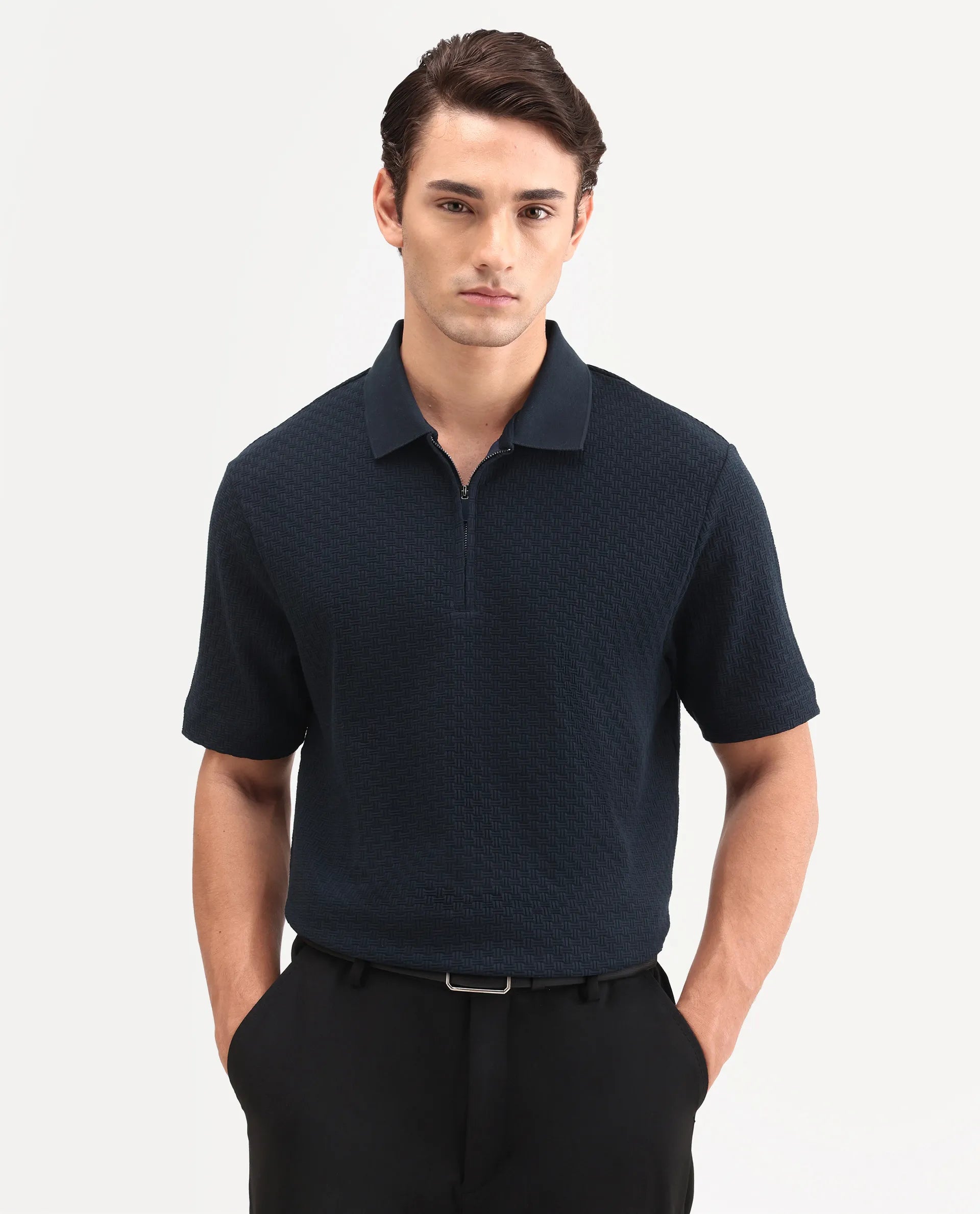 Rare Rabbit Men's Envo Dark Navy Cotton Fabric Half Sleeve Spread Collar Regular Fit Textured Polo