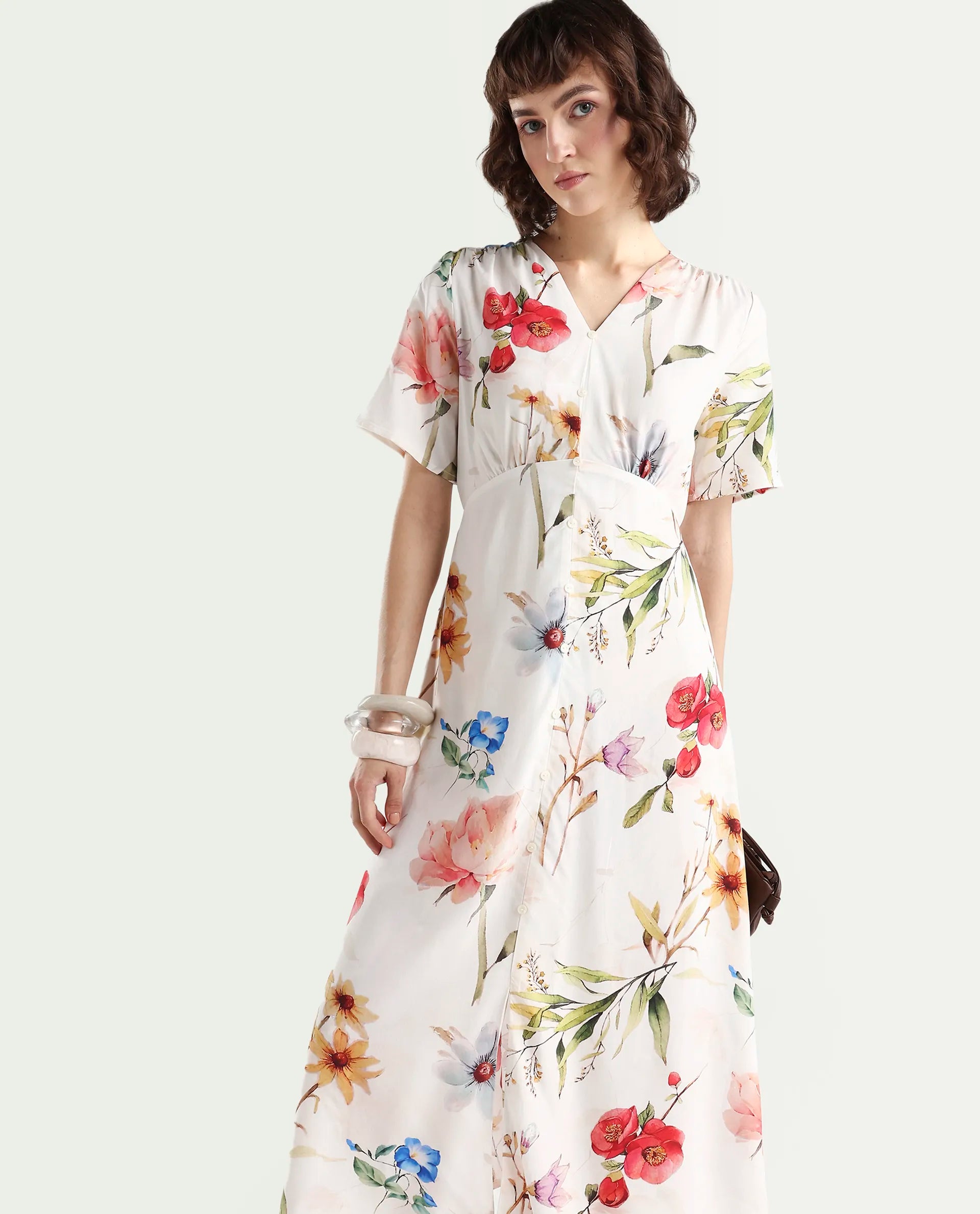 Rareism Women's Vanah Off White Viscose Half Sleeve V-Neck A-Line Floral Print Dress